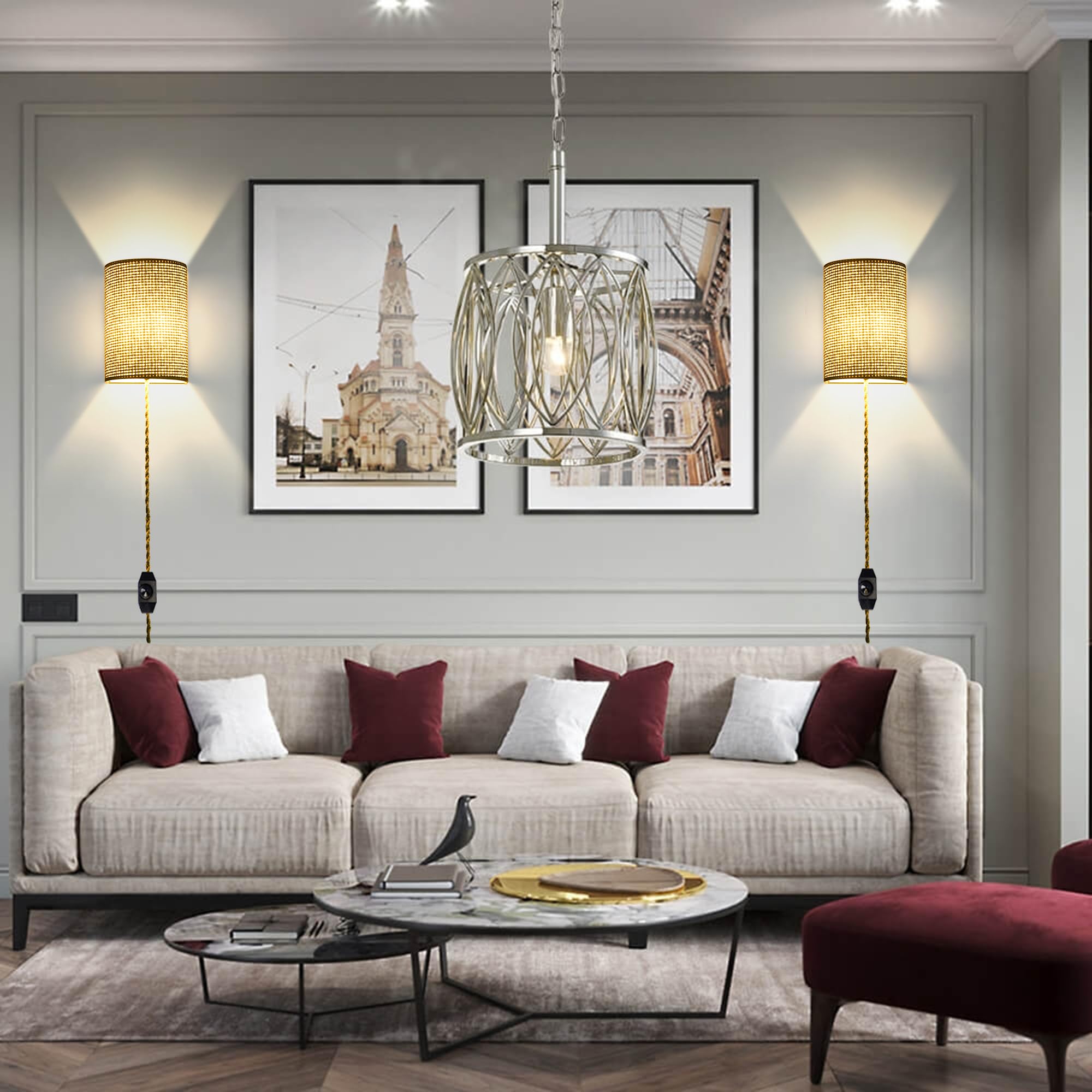 Xininsun Plug In Wall Sconce,Wall Sconces Set Of Two,Wall Lamp With Plug In Cord,Wall Sconce Lighting Dimmable Switch,Rattan Wal