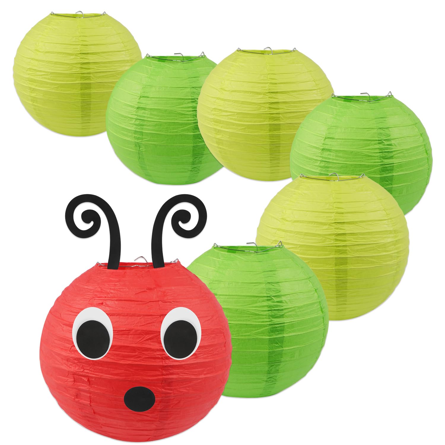 7PCS Caterpillar Paper Lanterns Red Green Paper Lanterns with Eyes Mouth for School Classroom Decoration Birthday Party Decorati
