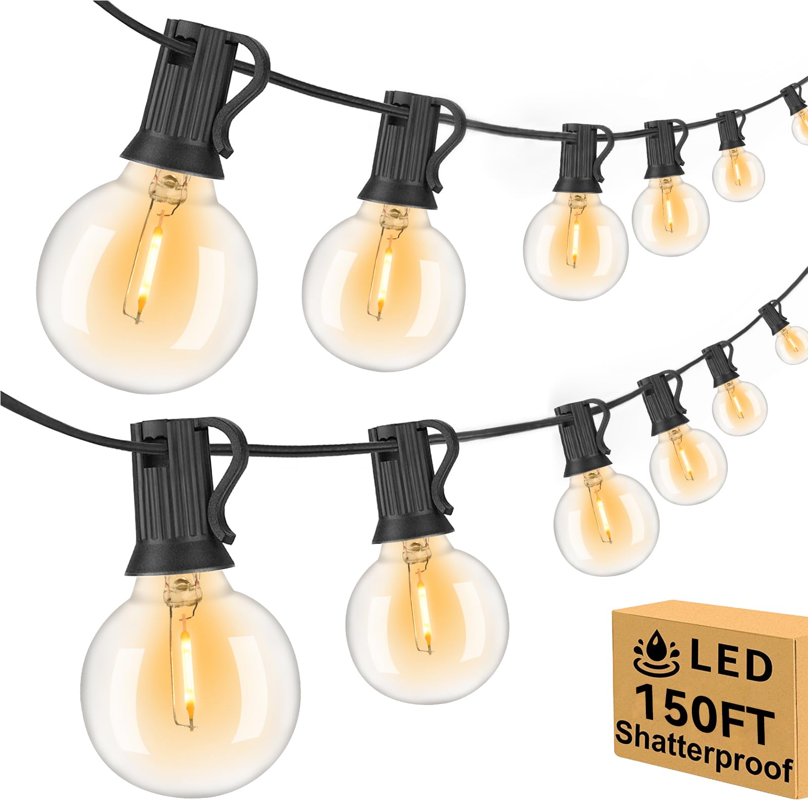 Arbrac 150ft Outdoor String Lights, Waterproof, Dimmable, UL Listed, Black Wire, G40 Shatterproof Bulbs, Ideal for Patio, Garden, Party