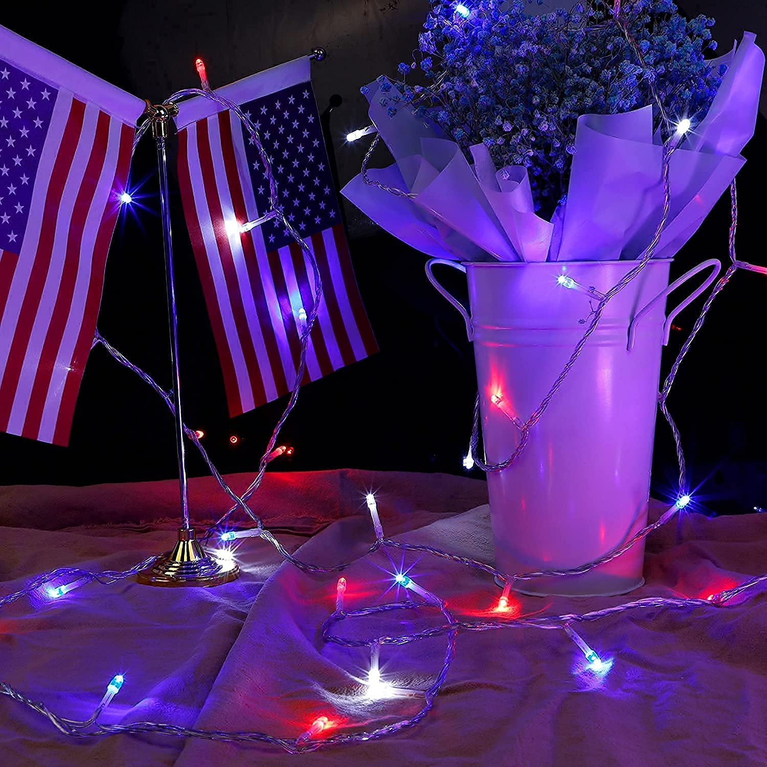 kemooie 500 LED 4th of July String Lights, 164FT Waterproof Red White Blue, 8 Twinkle Modes for Outdoor Patio Garden