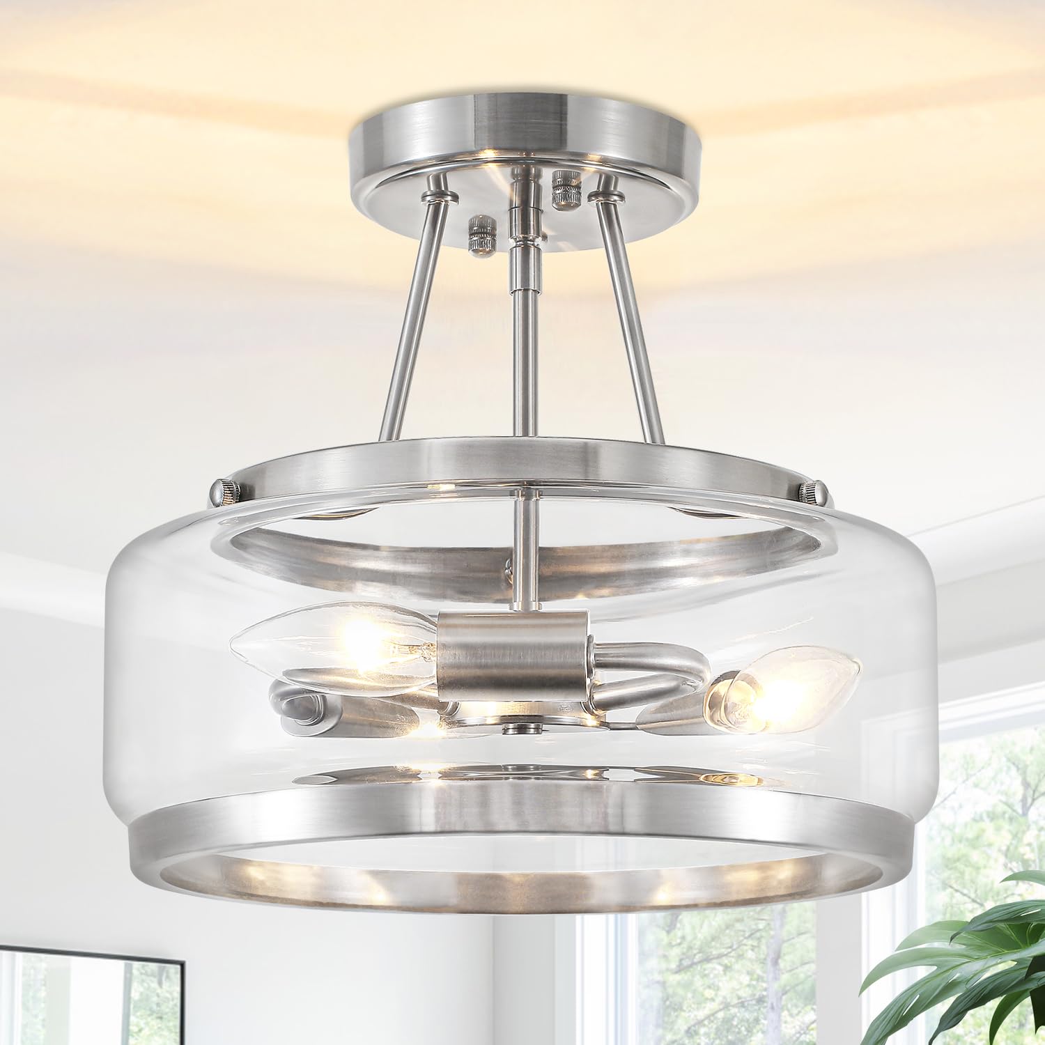 Brushed Nickel Modern Glass Ceiling Light  3-Light Drum Semi Flush Mount Ceiling Light Fixture  Entryway Light Fixture  Ceiling Lamp For Hallway Bedroom Laundry Kitchen Dining Room Lighting  Ul-Listed