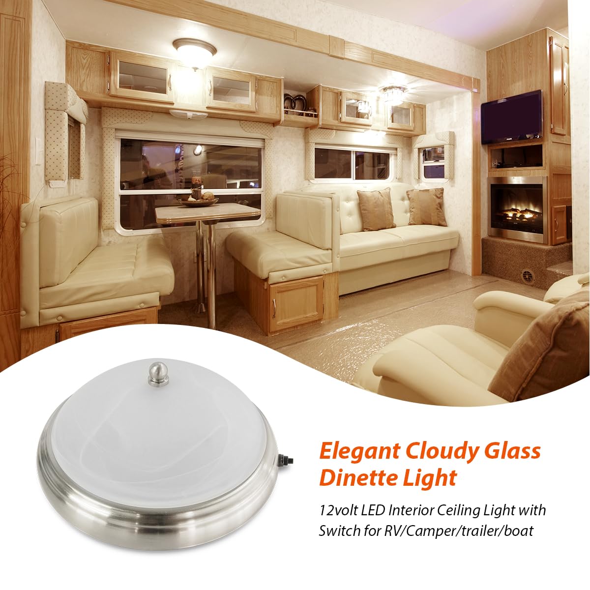 Dream Lighting 12V DC LED Glass Ceiling Light Fixture - 9 inch Soft White Dome Light with Switch for RV/Boat/Trailer