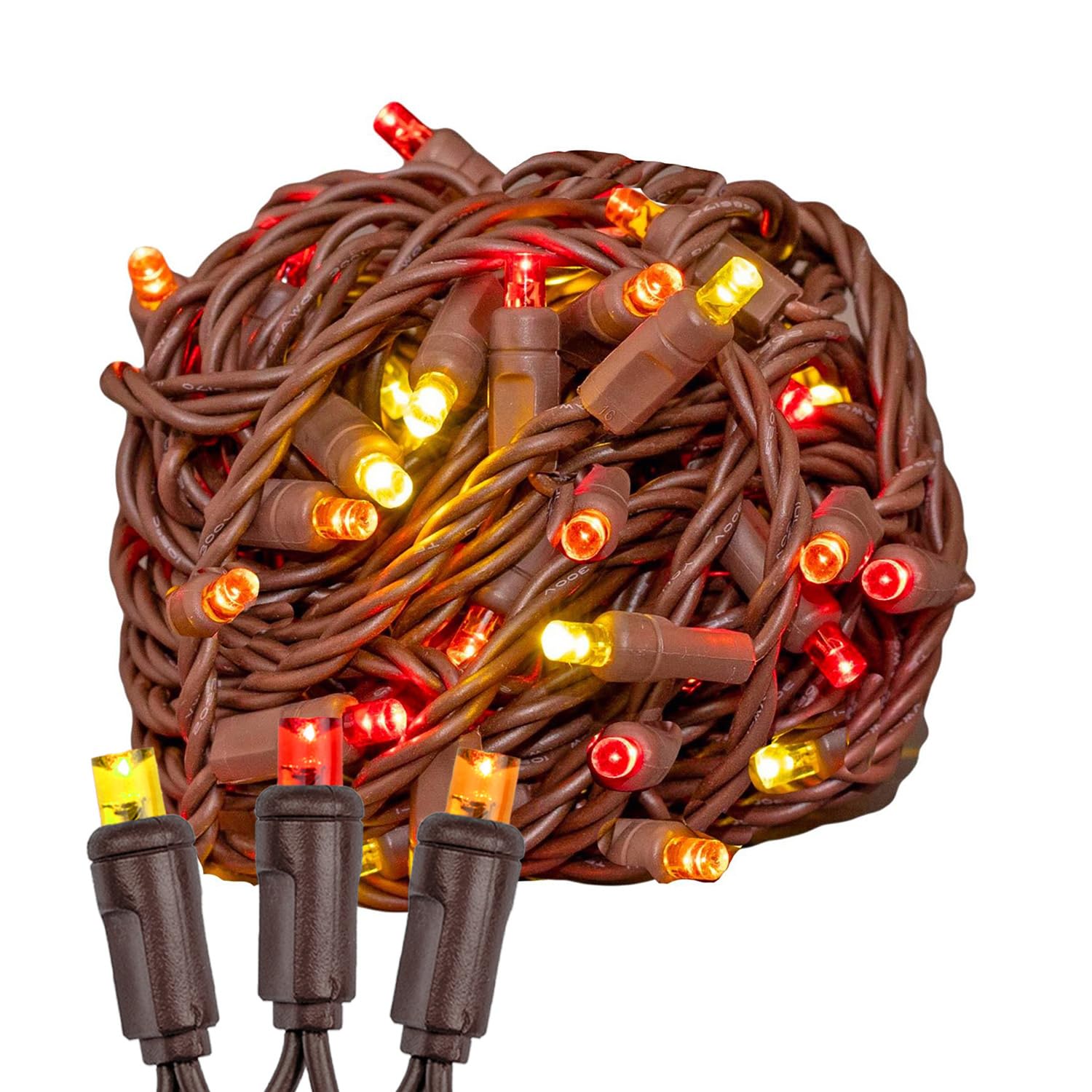 Novelty Lights 25ft 50 LED Yellow/Red/Orange Christmas String Lights  6 Spacing on Brown Wire  UL Listed IP55 Commercial Grade Xmas Lights for Outdoor/Indoor  Dimmable  Connectable