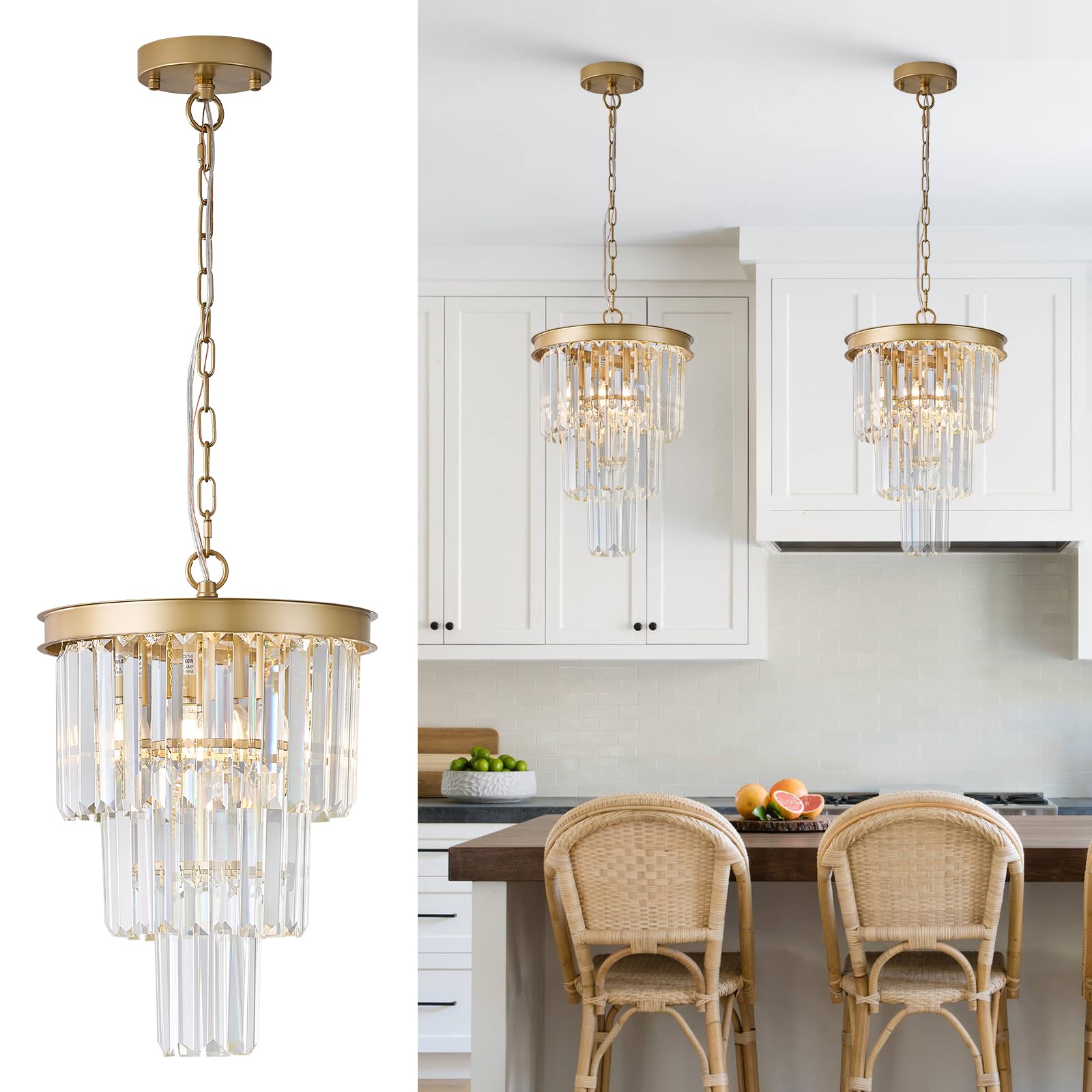 CATINER Modern Crystal Chandeliers,Gold 20    Round Chandeliers for Dining Room 3 Tiers 7 Lights Luxury K9 Crystal Ceiling Penda