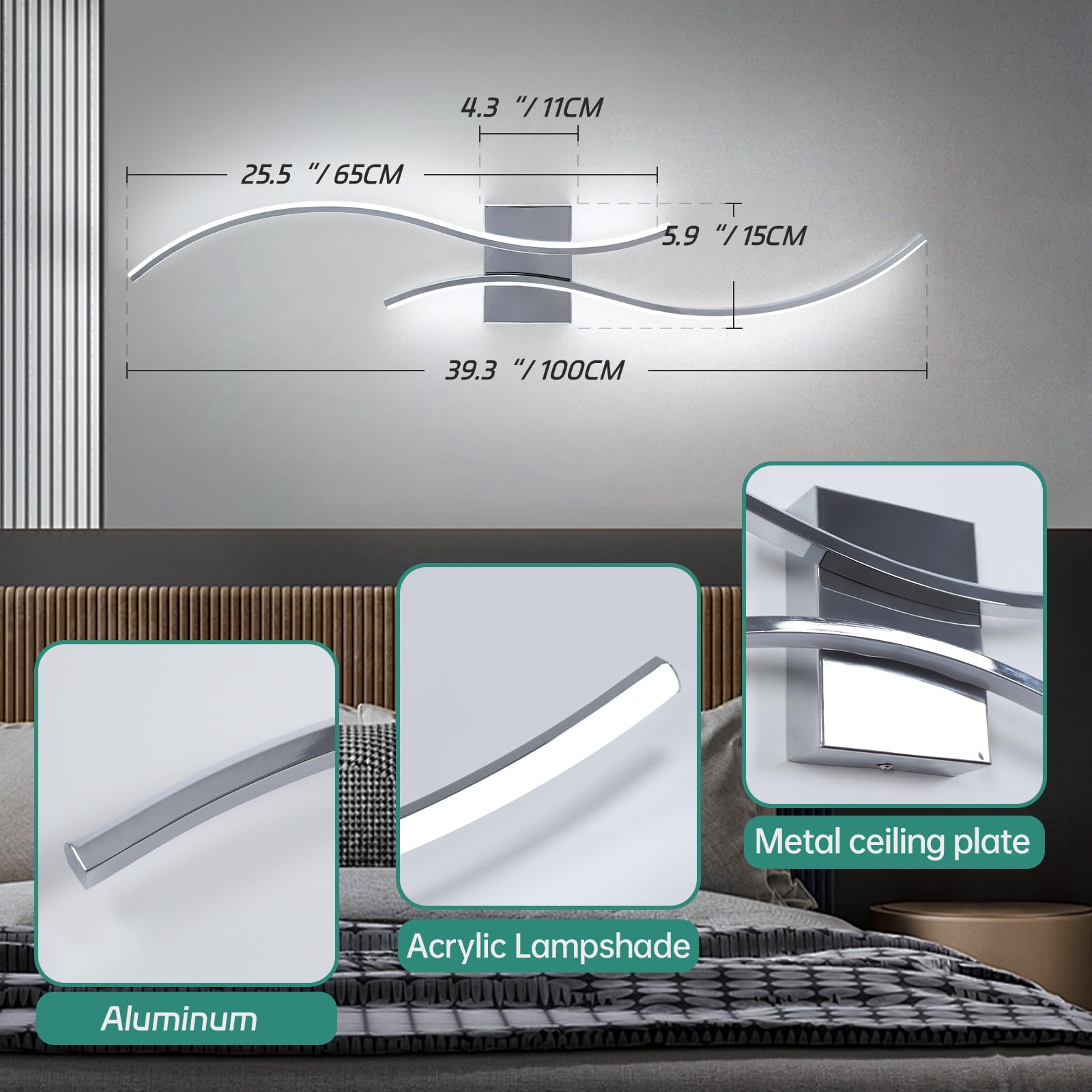 CANEOE Modern LED Wall Sconce, 39" Hard-wired Chrome Bathroom Vanity Light, Model WL-SBLCH, 6000K Indoor Lighting Fixture