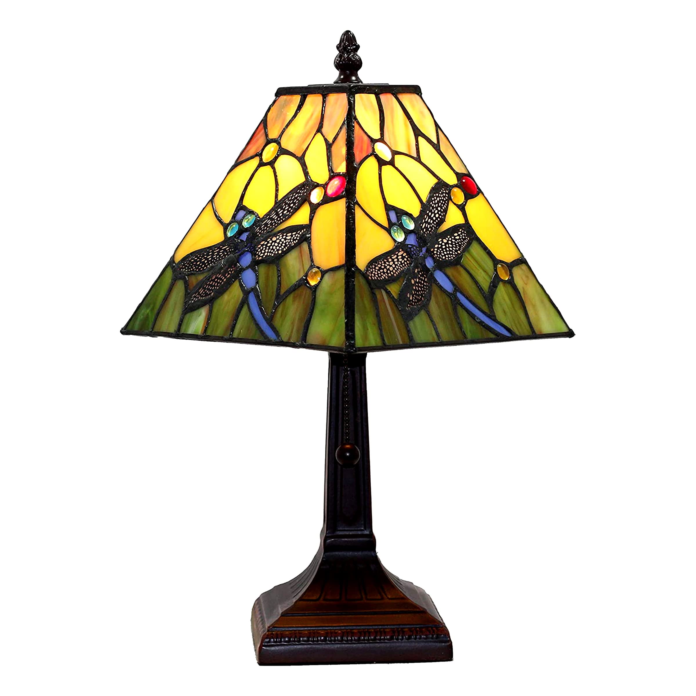 Amora Vintage Tiffany Table Lamp - Floral Blue Dragonfly Table Night Light - Yellow And Green Glass Nightstand Lamp - 15  Tall Stained Glass Lamp