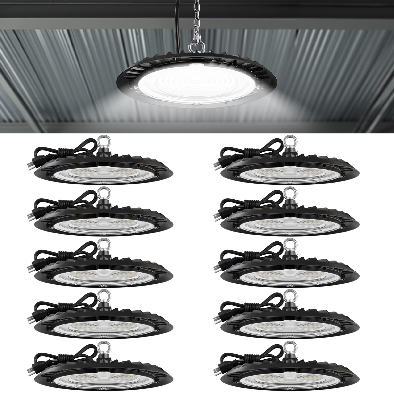 Sunco 10 Pack UFO LED High Bay Light, Plug & Play Lighting for Warehouse, 5000K Daylight, 150W, Power Cord Included, 19500 LM, 1