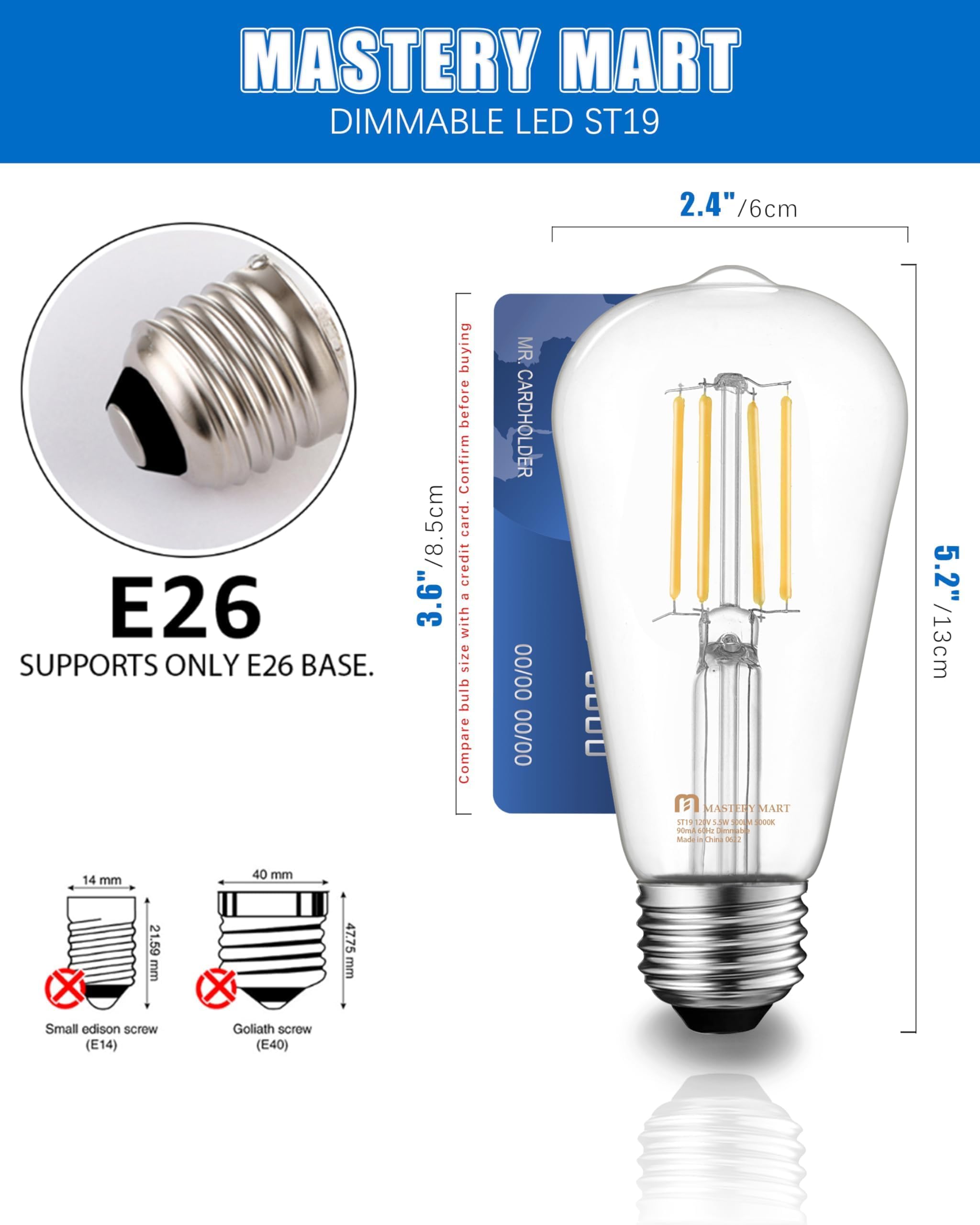 MASTERY MART Edison Bulbs Dimmable 5.5W E26 LED 4000K Cool White Glass, 6 Pack, Model MM-ST19