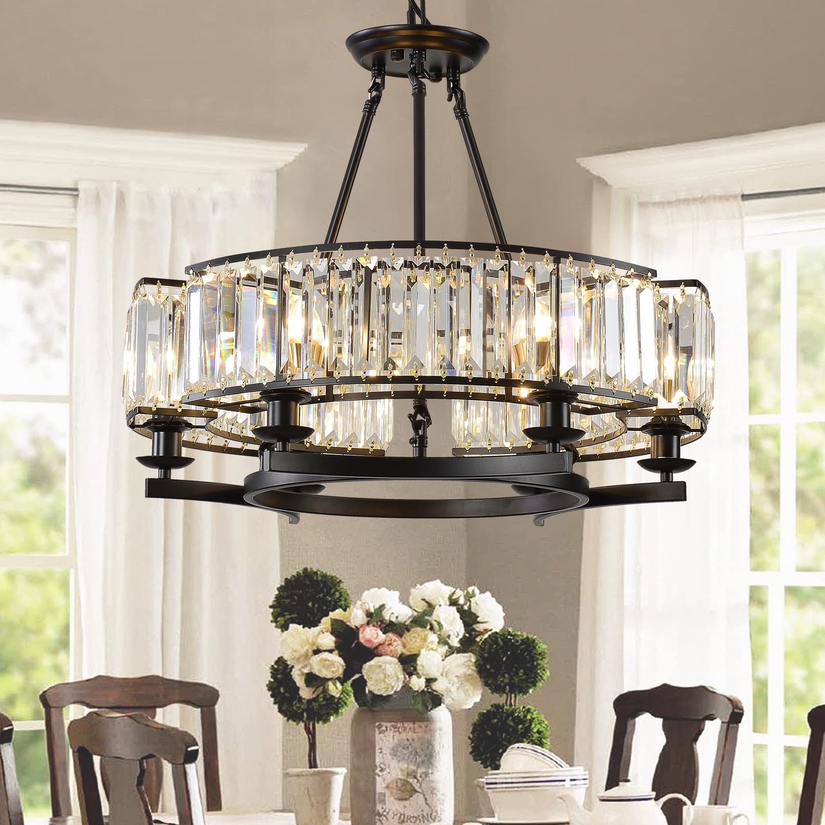 yomay Vintage Crystal Chandelier Black 6 Lights Hanging Ceiling Light Fixture Iron Frame Pendant Lighting for Farmhouse Decorati