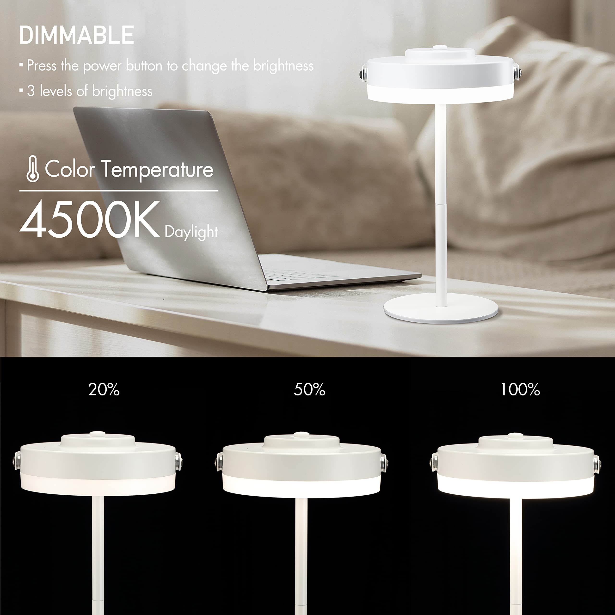 OBright Portable LED Lamp - Rechargeable, IP44 Water Resistant, Adjustable Height, White, Model OB-TL17B