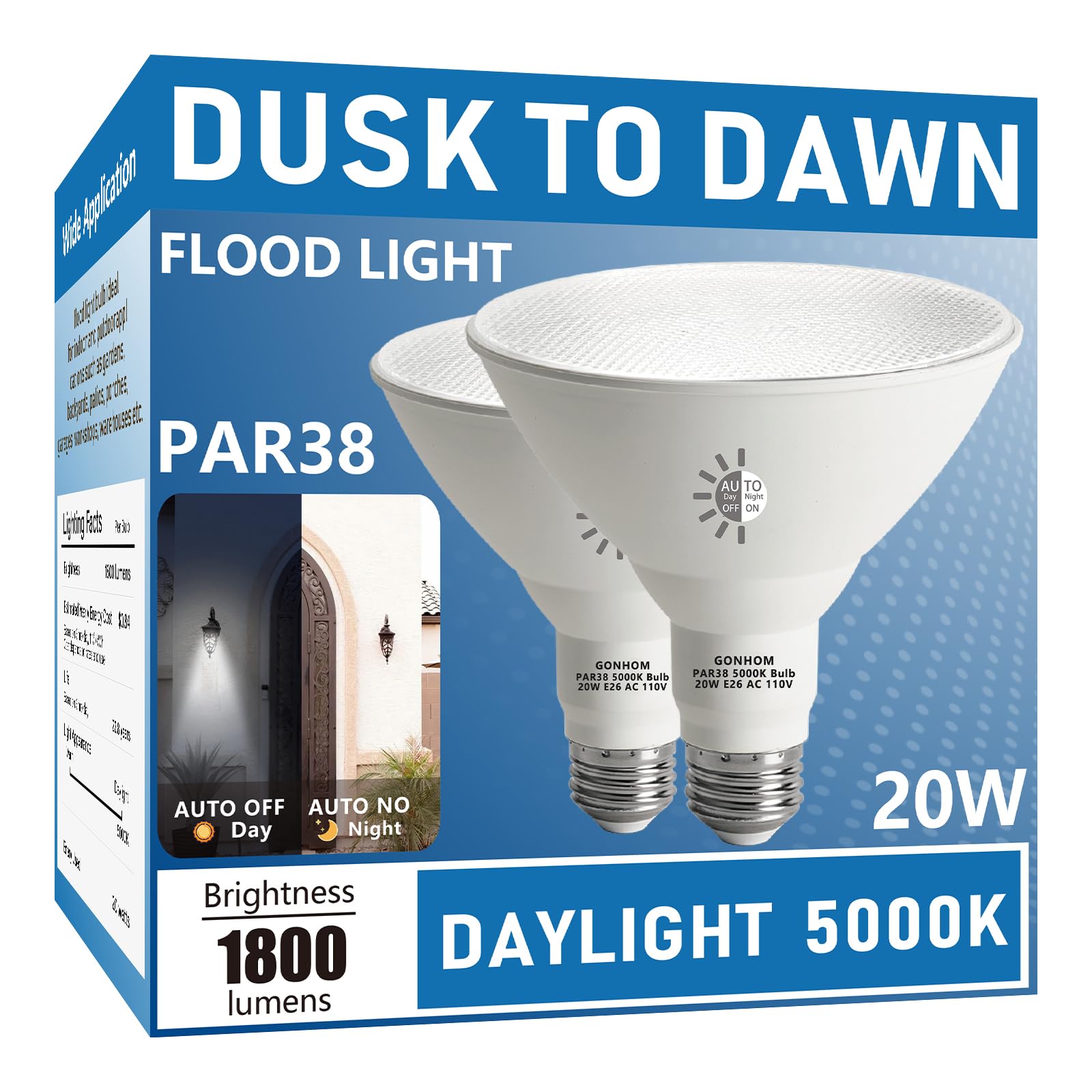 Gonhom Par38 Led Dusk To Dawn Flood Light Bulbs Outdoor 2 Pack, 5000K Daylight, 20W Replace Up To 200W, 1800Lm, E26 Base Outdoor