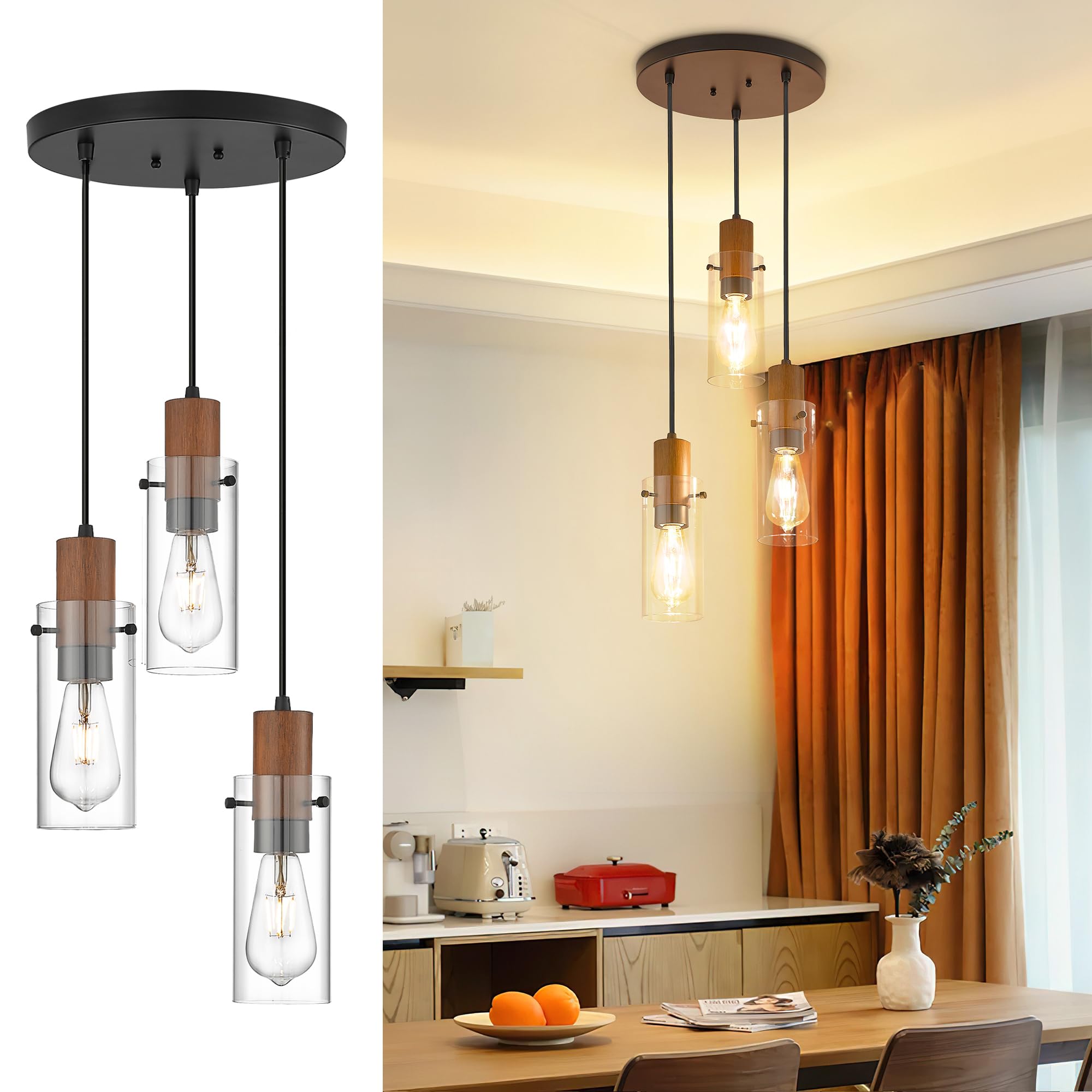 Emak 3-Light Black Pendant Light, Modern Glass Shade Fixture For Kitchen, Dining, Bathroom