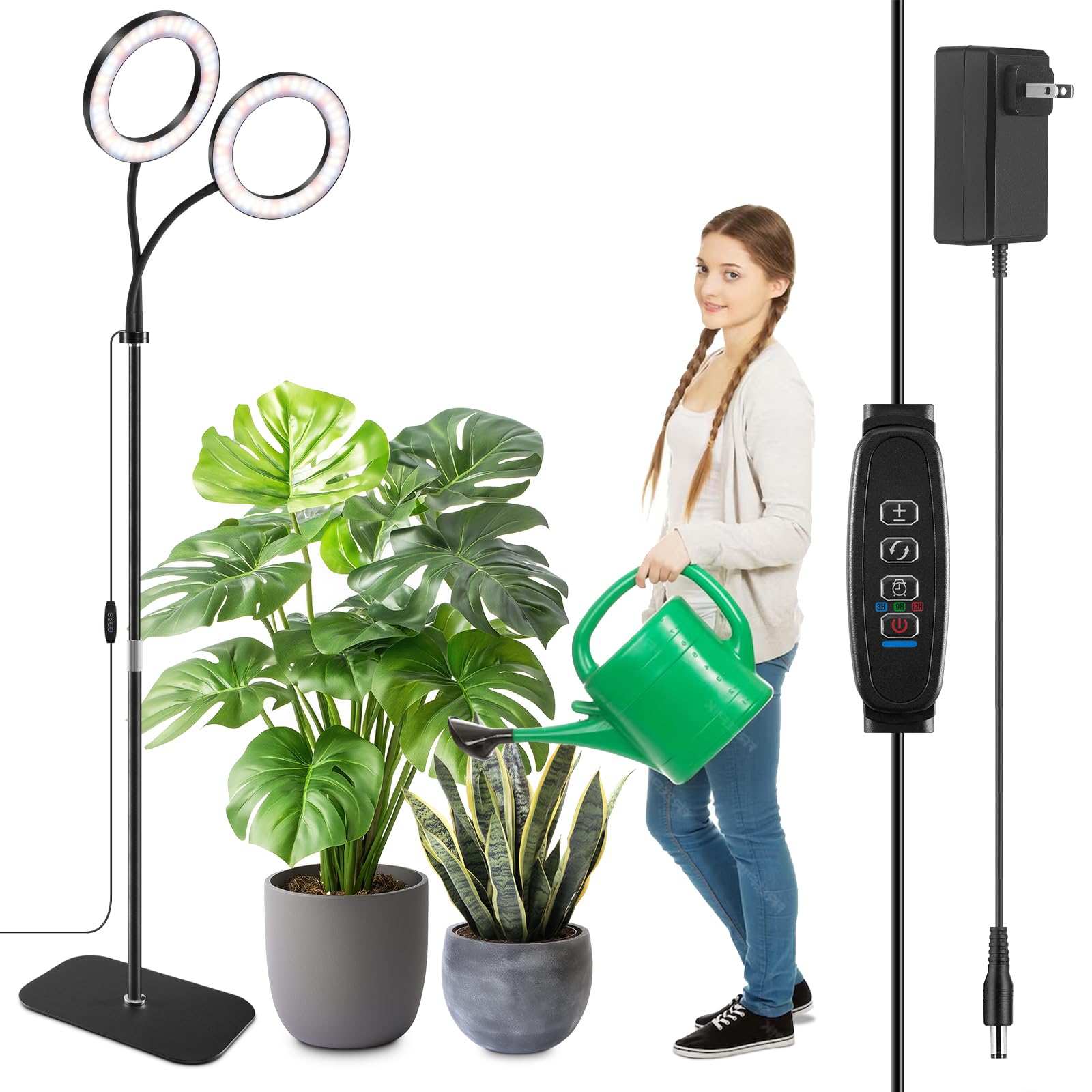 SDOVUERC Full Spectrum Grow Light with Stand for Indoor Plants, Floor Plant Light, 3/9/12H Timer, 3 Color Modes, Adjustable Heig