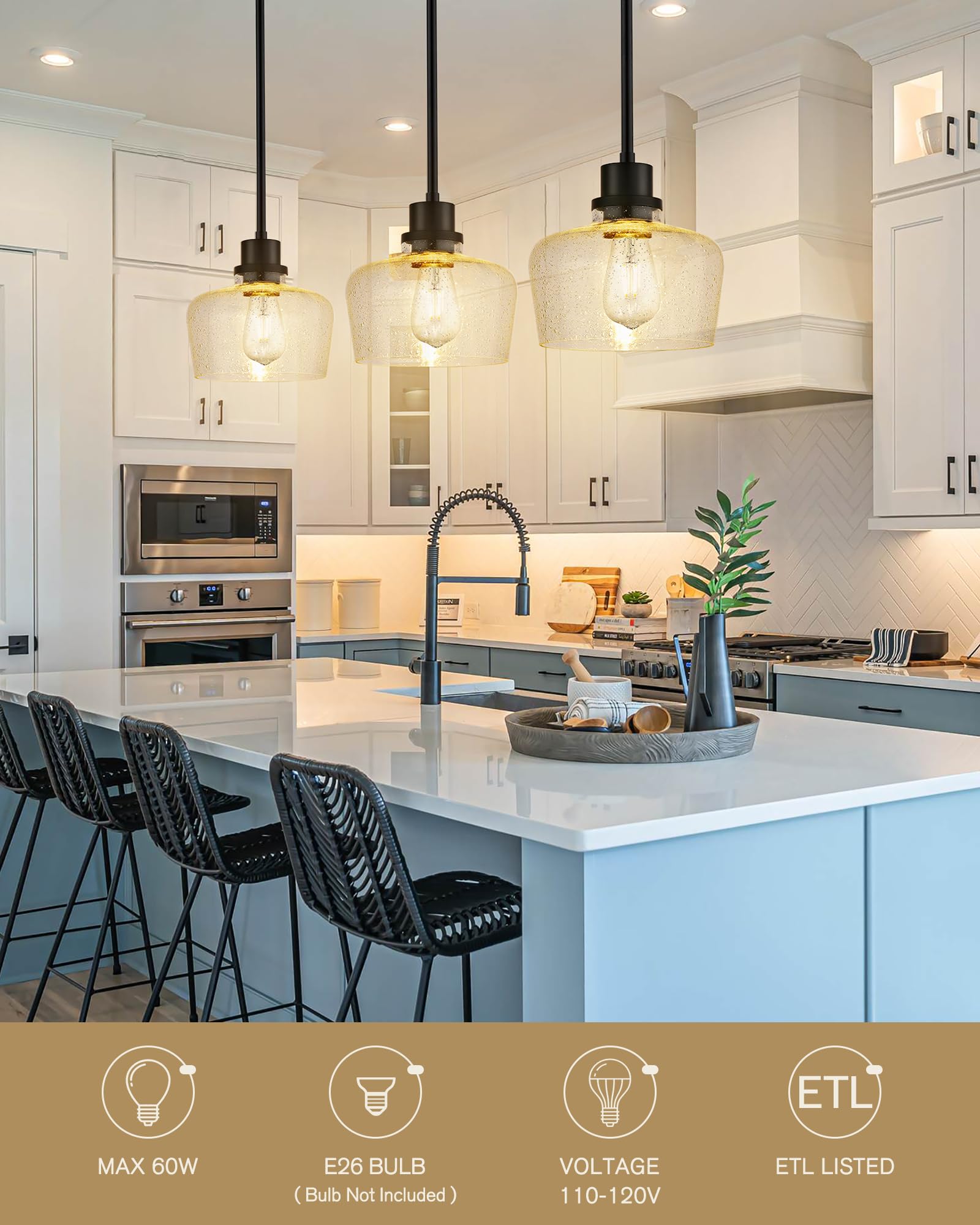 Emak Modern Farmhouse Pendant Lights Kitchen Island, Black Pendant Light Fixtures With Seeded Glass Shade, 8 Inch Hanging Lights