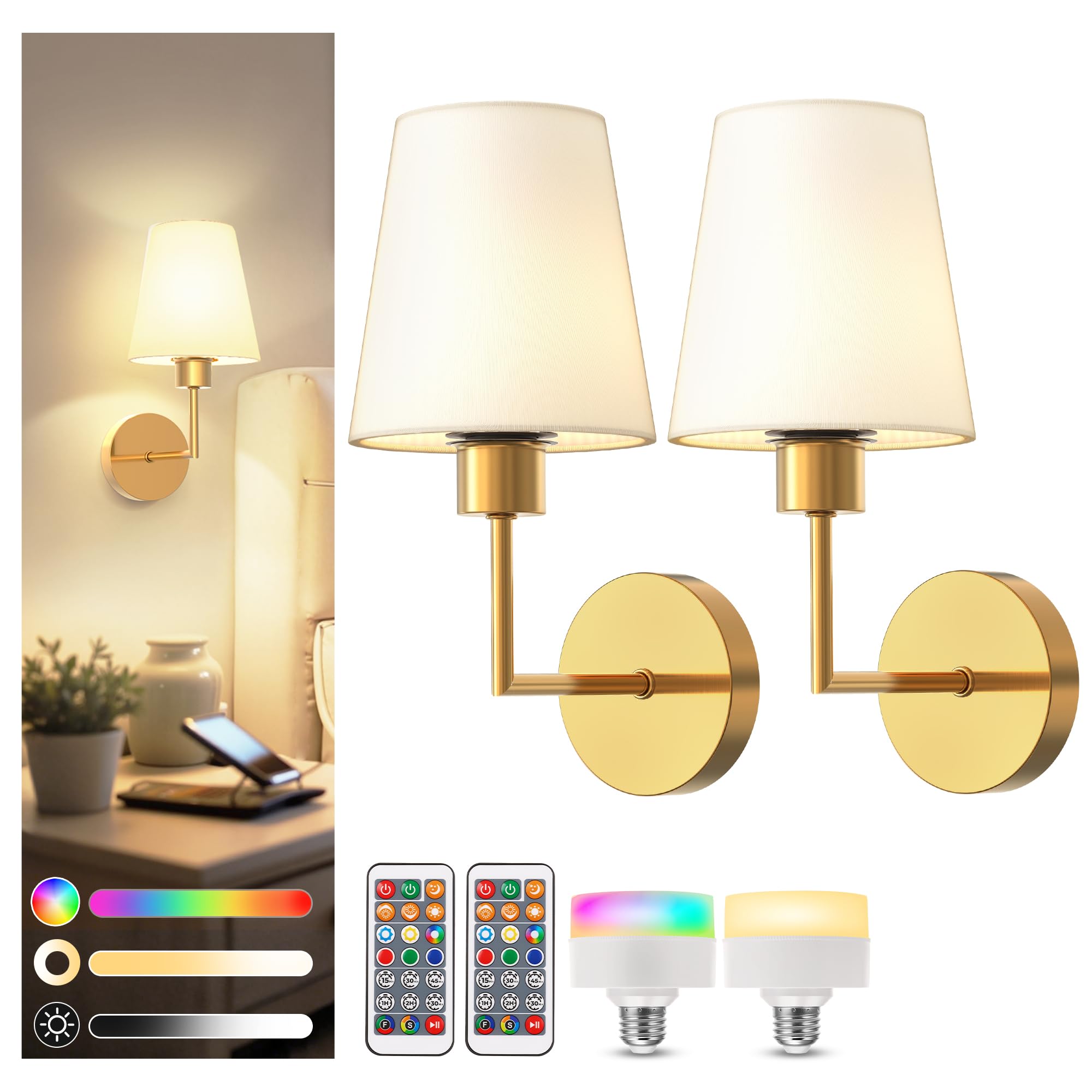 DORESshop Battery Operated Wall Sconce Set of 2, Dimmable, Metal, 13.8in, Gold, Model 664f98c0-719f-4807