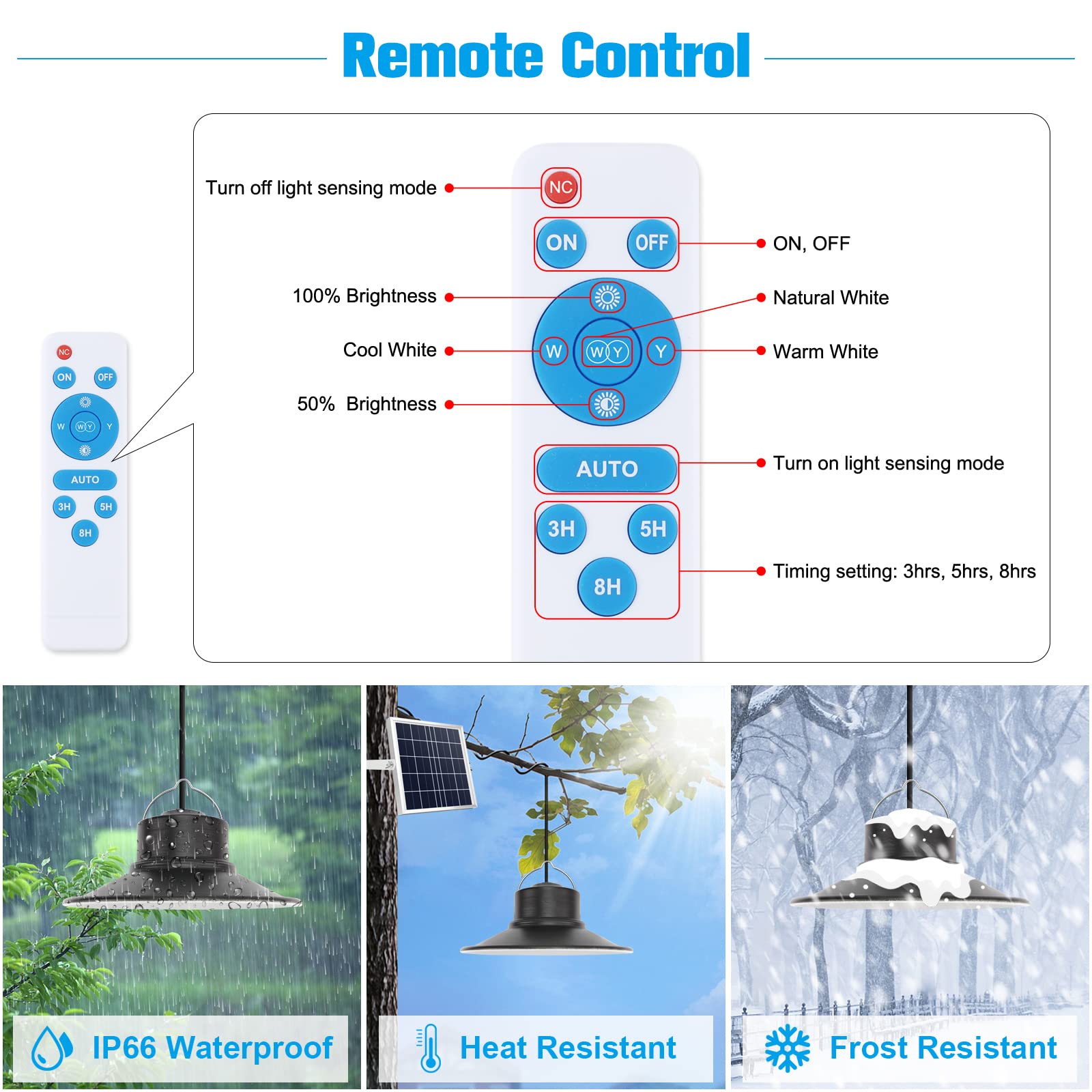 Niorsun Solar Lights Outdoor, Dimmable Led Pendant Light With Remote, Ip66 Waterproof, 16.4Ft Cable