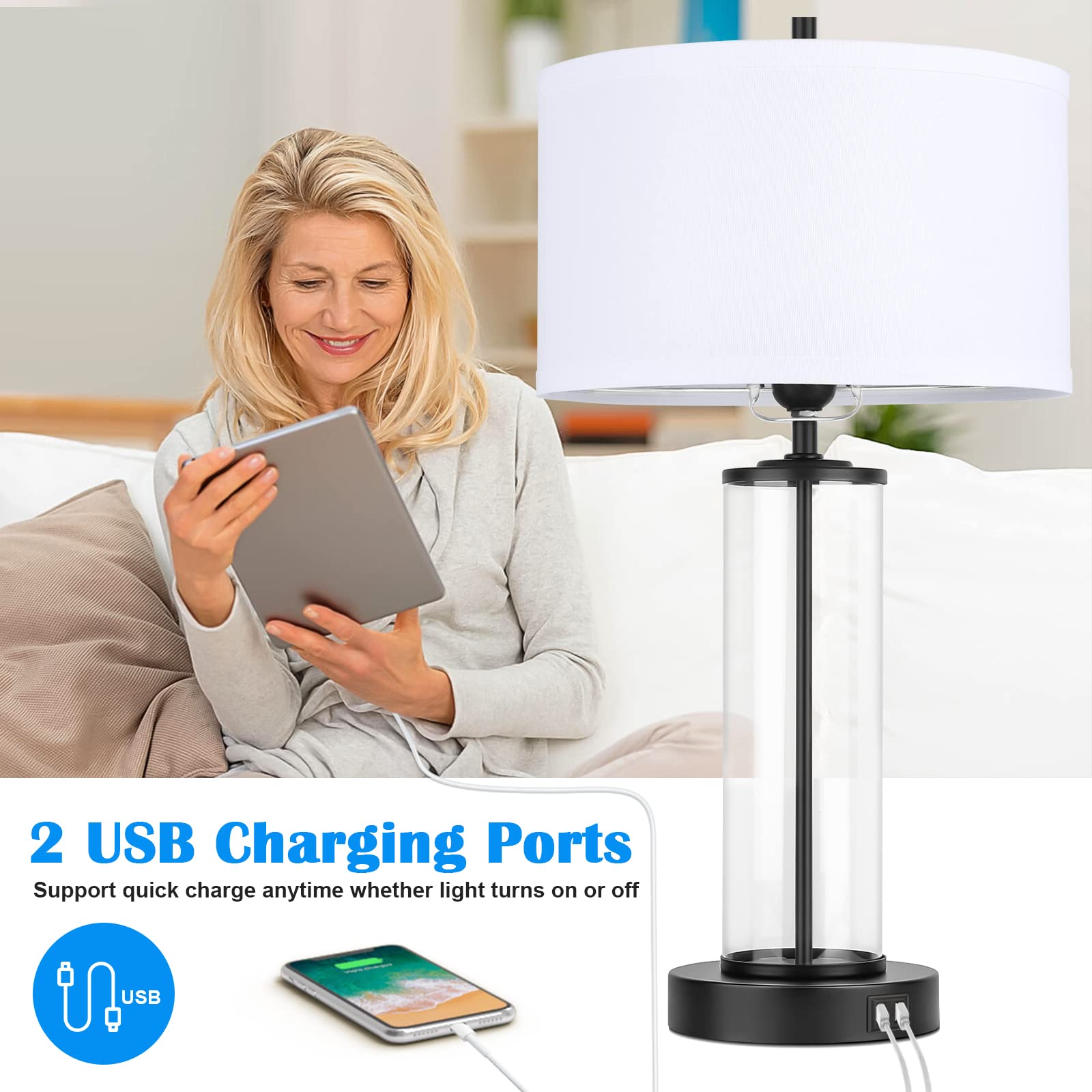 Modern Touch Control Table Lamps with 2 USB Ports for Living Room Set of 2, 3-Way Dimmable Bedside Lamps with White Shades & Cle