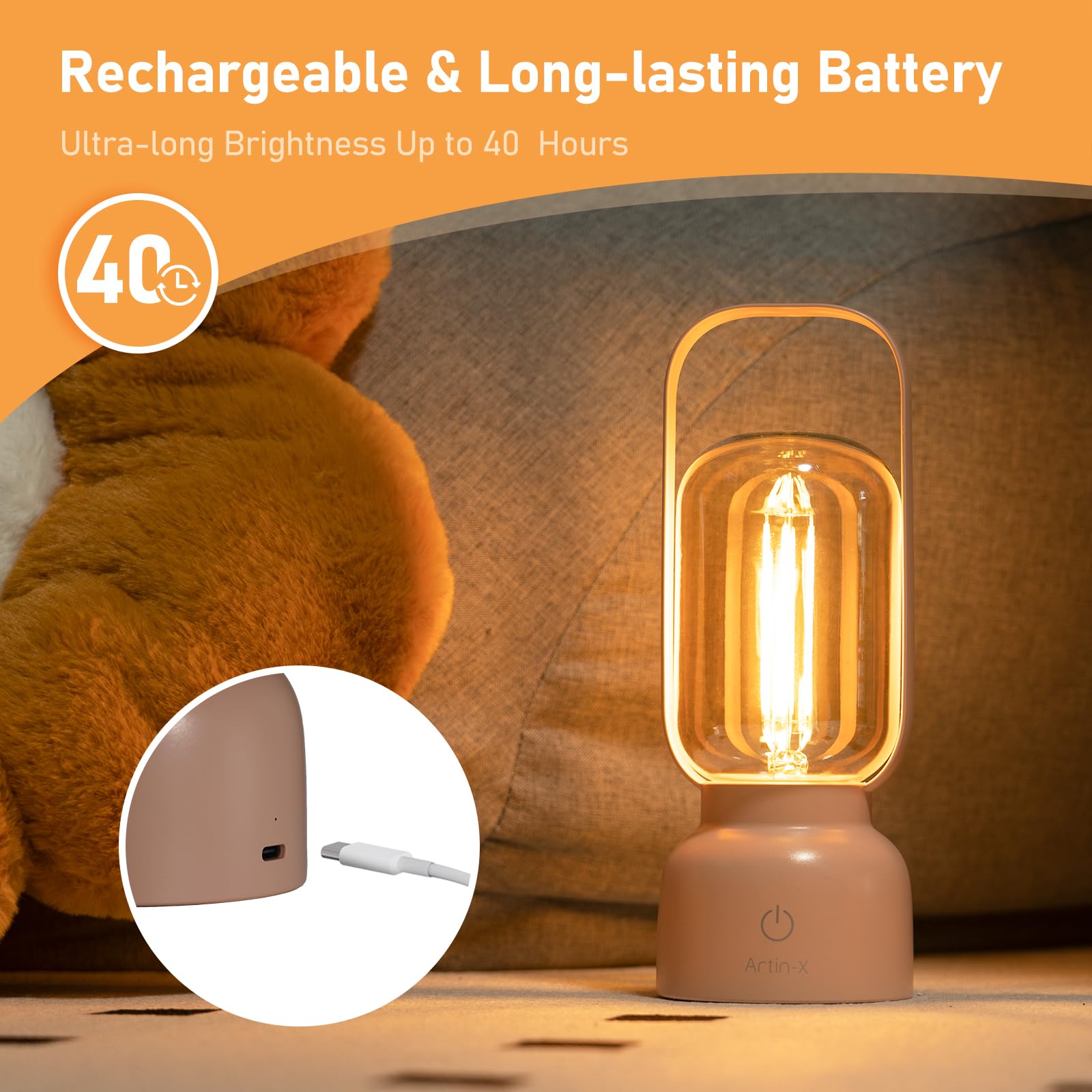 Artin-X Retro Cordless Lantern Table Lamp, 40 Hours Long Lasting Dimming Night Light, Small Rechargeable Battery Operated Light For Cruise Nightstand Travel Camping Decoration Gift- Pink
