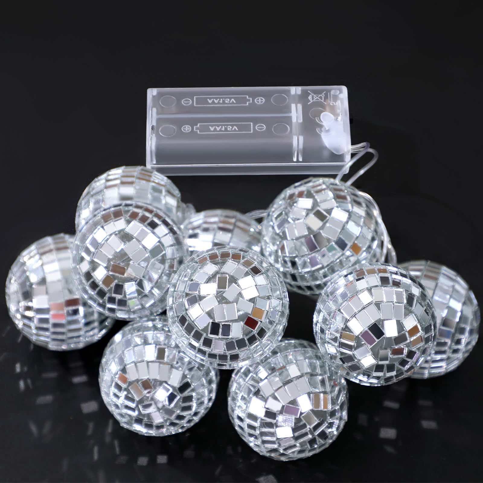 BBTO Disco Ball String Light - 20 LED, 9.84 ft Long, Battery Powered, Warm Silver, Mini Mirror Ball Ornaments, Model BBTO-Ornaments-2715