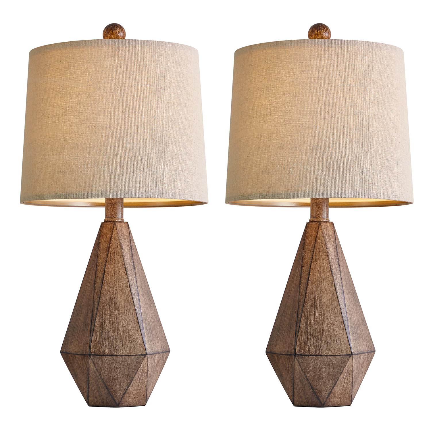 PoKat 20.25" Retro Farmhouse Table Lamp Set of 2 - Dark Wood Resin Nightstand Lamps for Living Room, Bedroom, Office