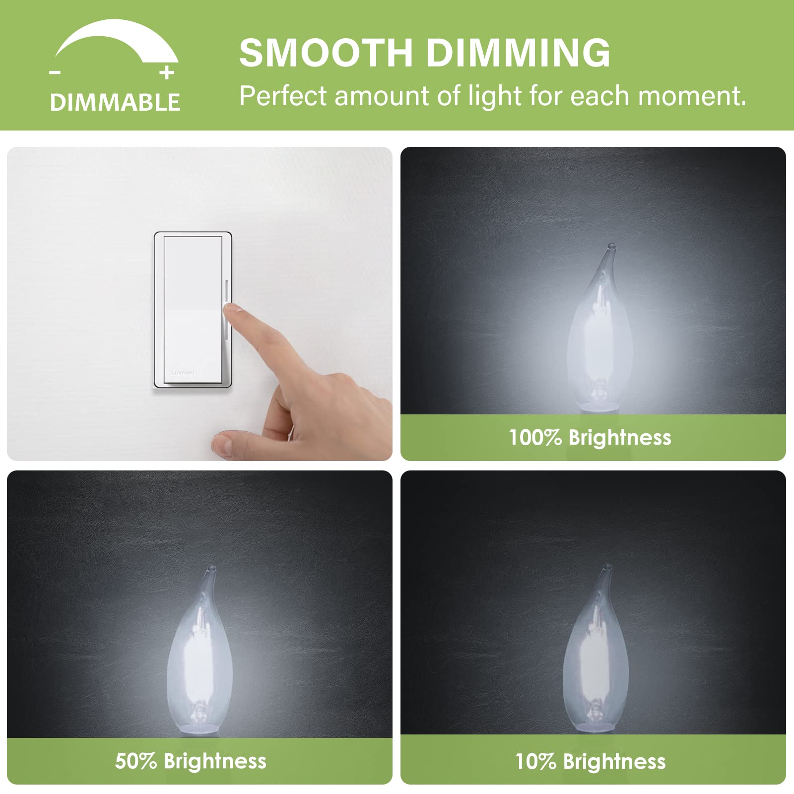 Sigalux Candelabra LED Light Bulbs, Dimmable, E12 40W, CA10 Flame Tip, 5000K Daylight, 300LM, 18 Pack