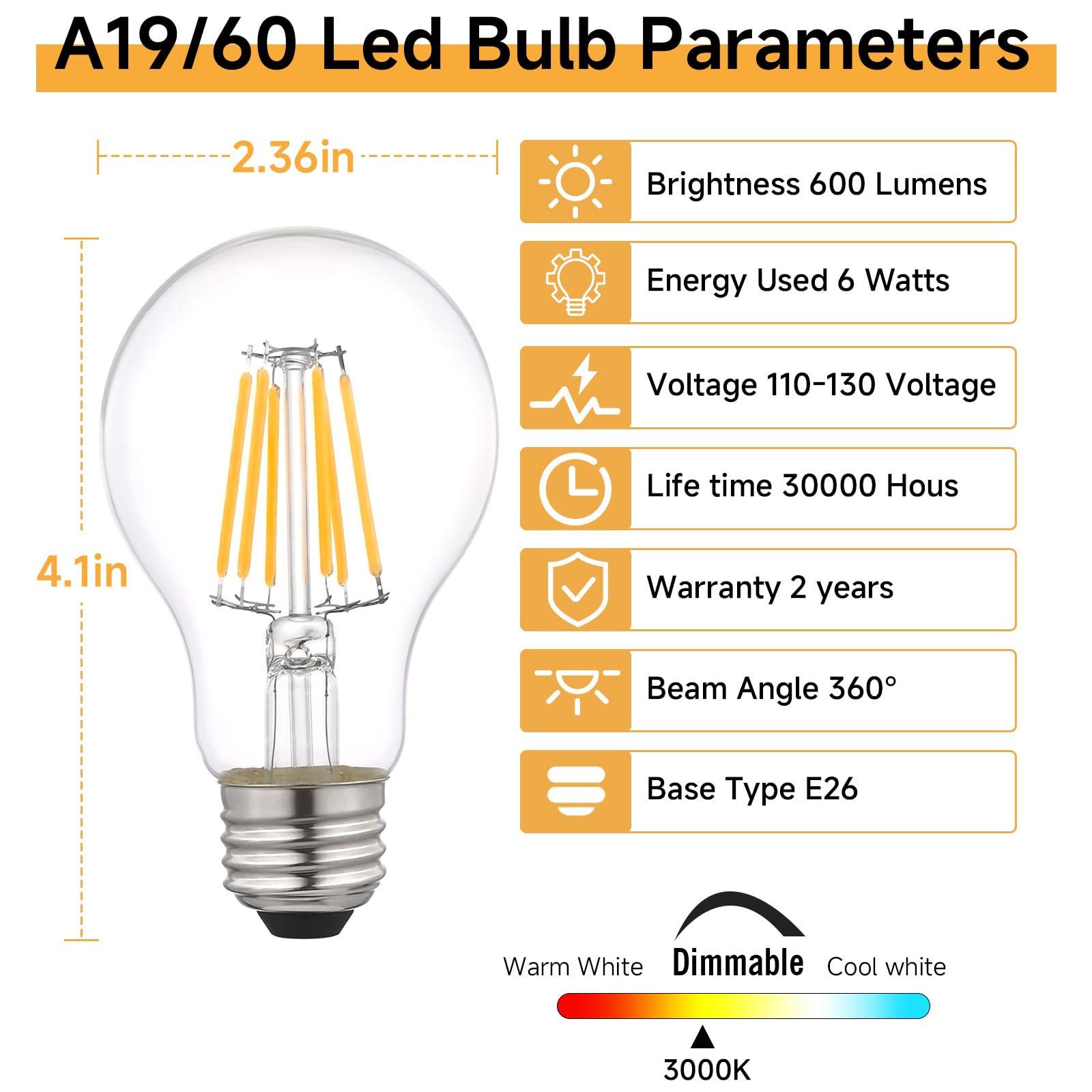 Xiaokalami A19/A60 Clear Led Light Bulbs Dimmable 60W Equivalent, 3000K Warm White Light Bulbs 6W E26 Base, Antique Clear Glass