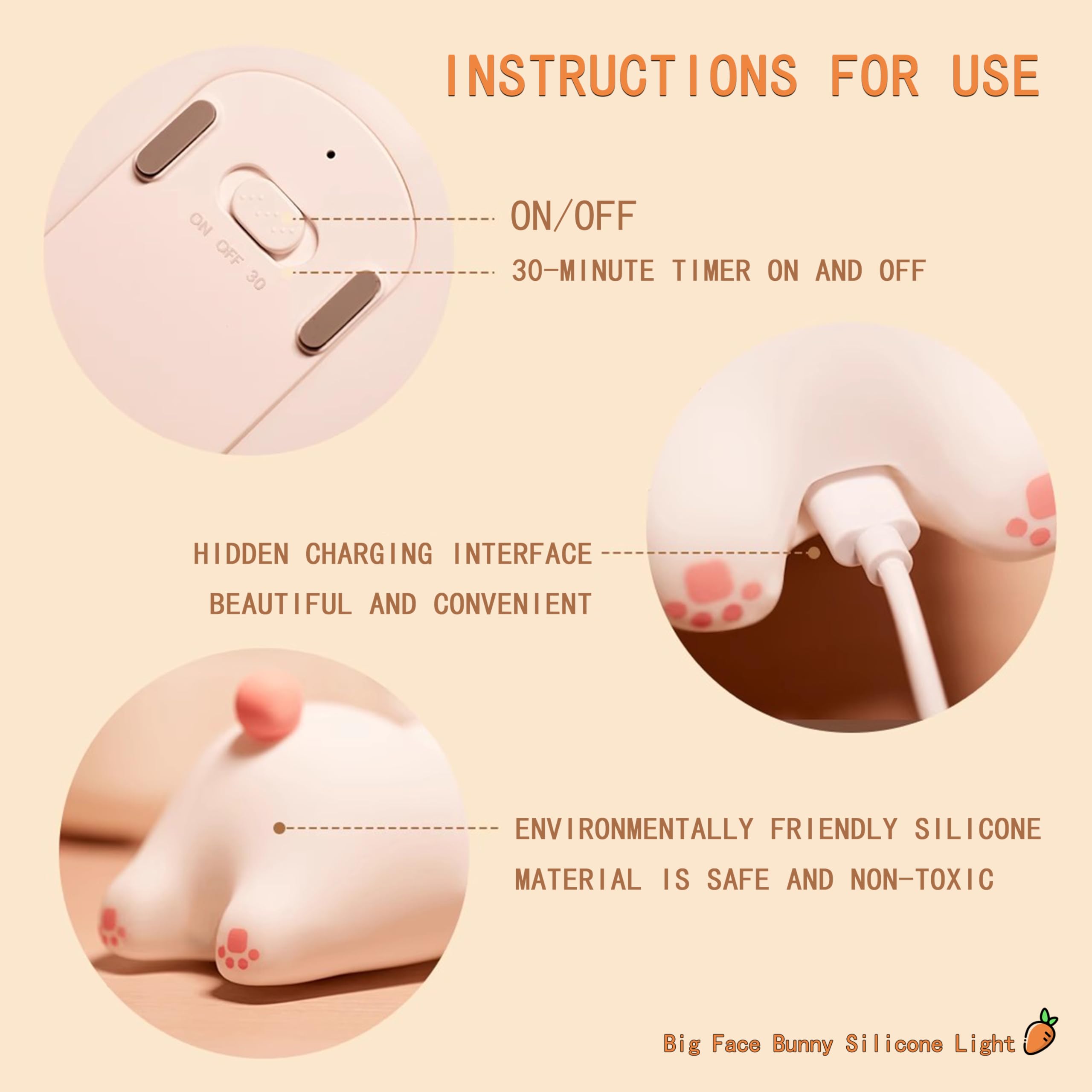 Big Face Rabbit Night Light For Kids Room, The Rechargeable Touch Lamp Is 3 Levels Brightness, Bunny Toys For Bedroom With Warm White Light, Christmas Easter Decorations Gifts For Women Girls Boys