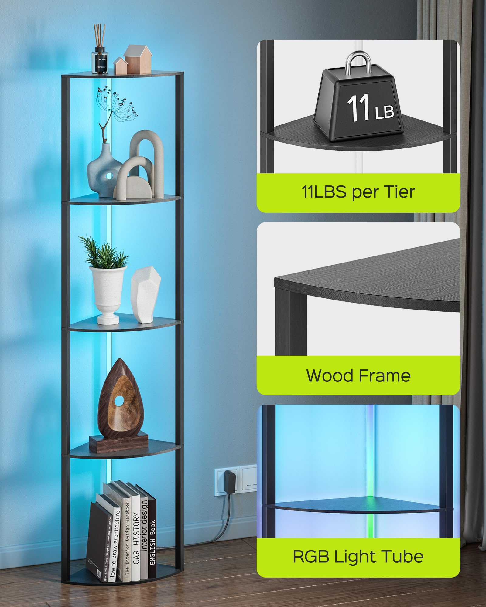 JACKYLED 5-Tier Corner Display Shelves, RGB LED Floor Lamp, 64.8in Wood Curio Cabinet, Remote/App Control, Model JKFL0512126701A