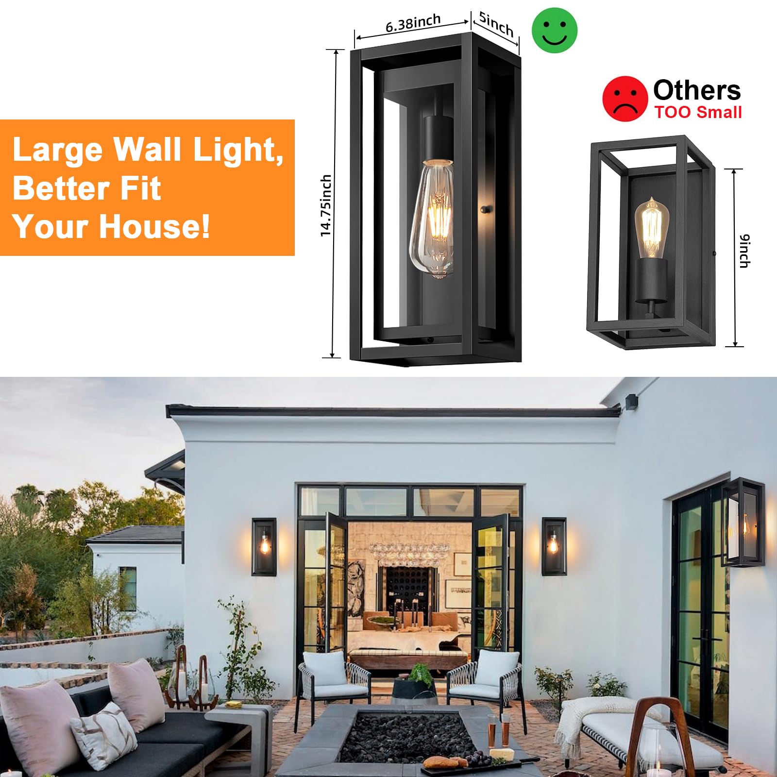 Slypadan 15" Outdoor Wall Sconce Light Fixture, Matte Black, Waterproof with Clear Glass Shade, 1-Pack