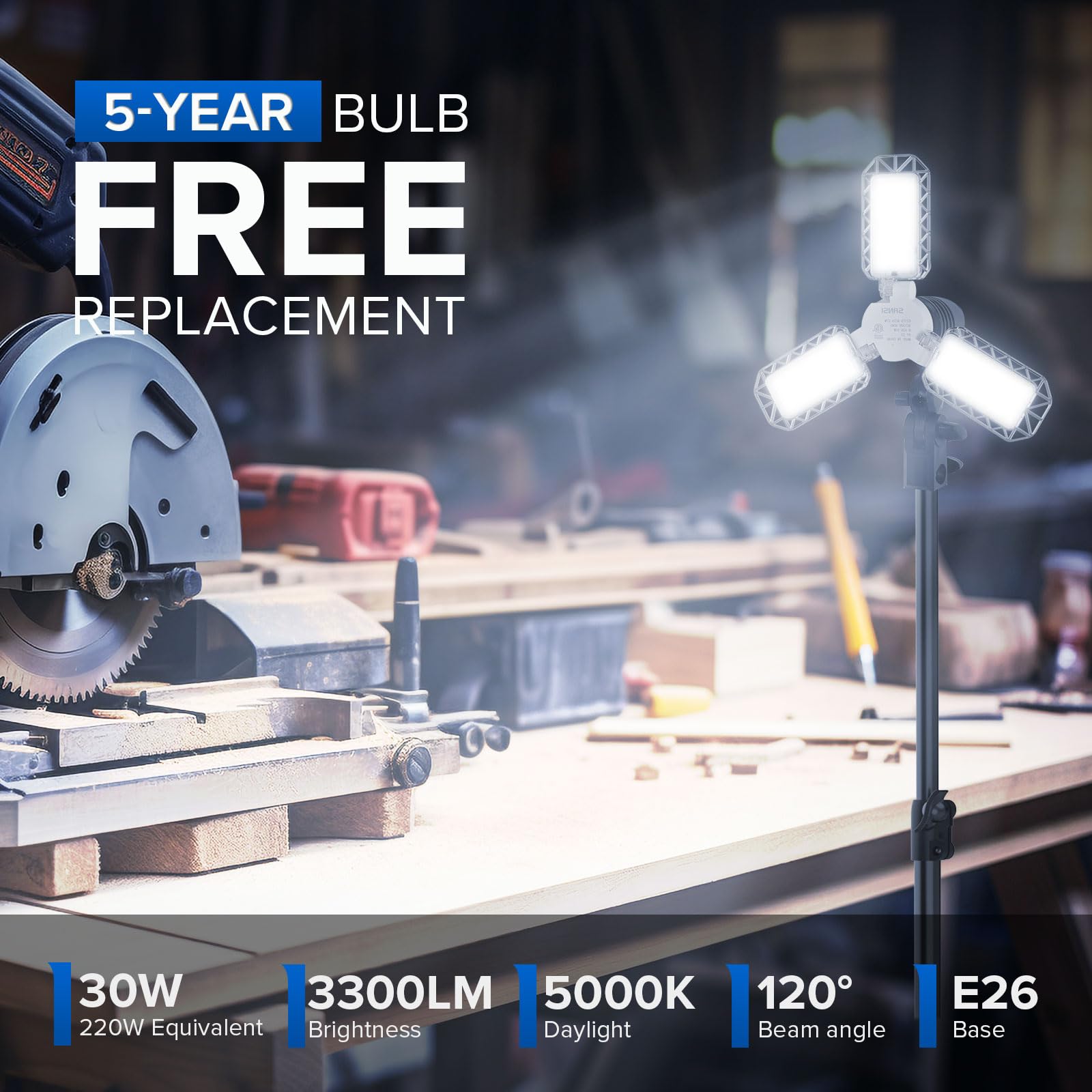 SANSI LED Work Light, 3300LM, 5000K, Portable with Telescoping Tripod Stand, Adjustable 30-55 Inches, Black, 30 Watt Upgrade