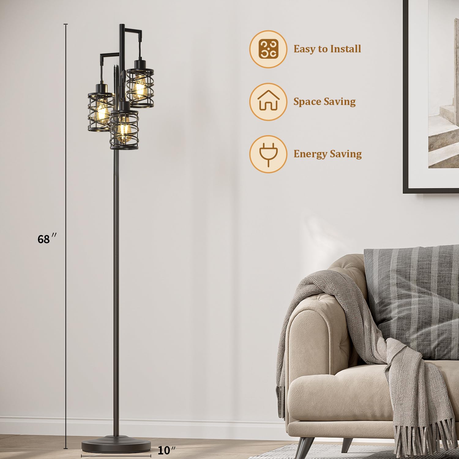 Oneach 68'' Industrial Standing Floor Lamp, Stepless Dim Light With 3 Bulbs, Farmhouse & Corner Design, Tall Lamp For Home And O