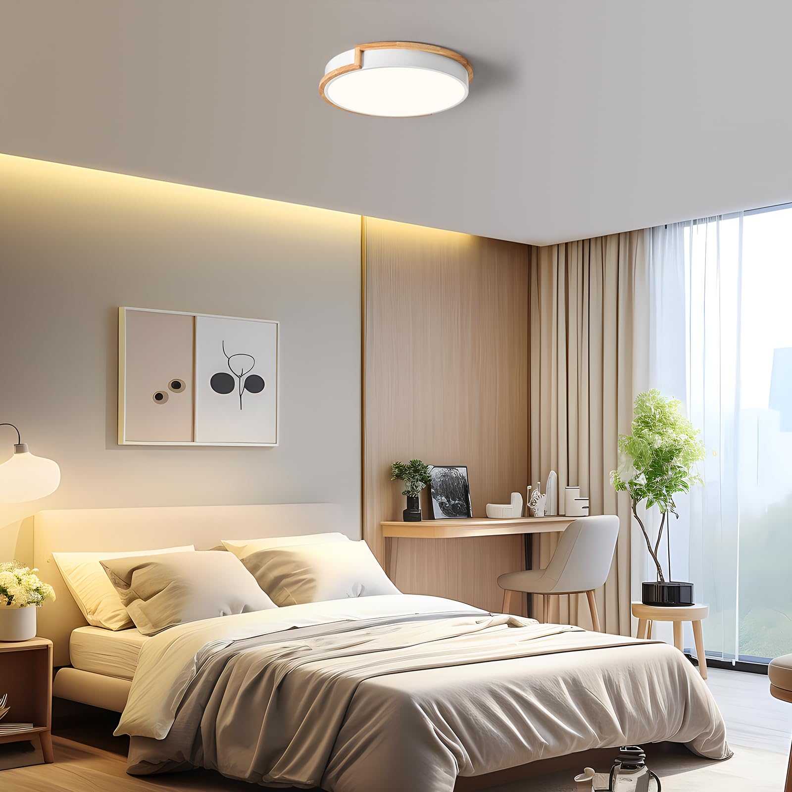 Peblto Modern Led Close To Ceiling Light, Round Flush Mount Ceiling Lighting Fixture, Matte White With Wood Accent, Minimalist K