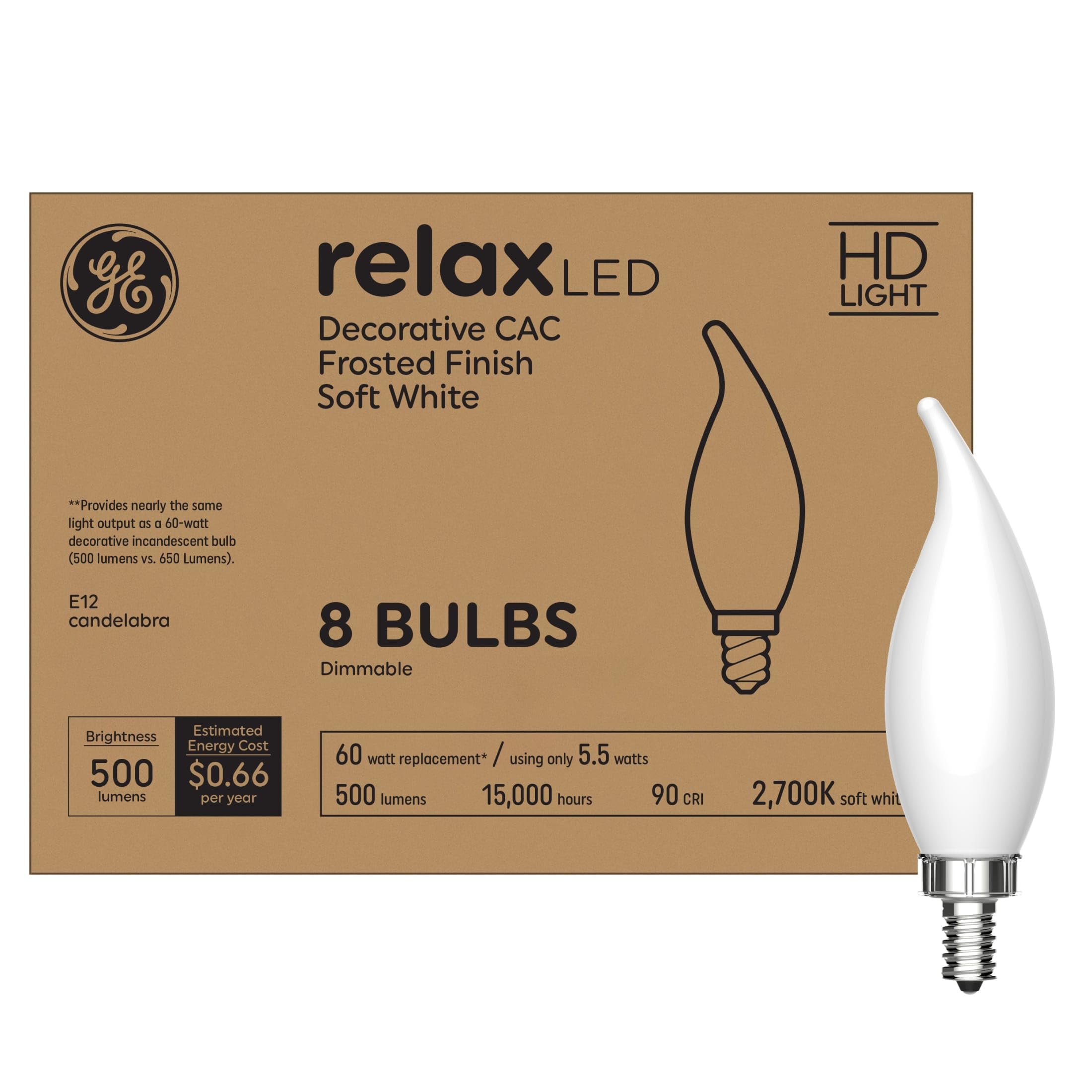 Ge Relax Led Light Bulbs 60W, Soft White Candle Lights, Decorative Light Bulbs, Frosted, Small Base (8 Pack)