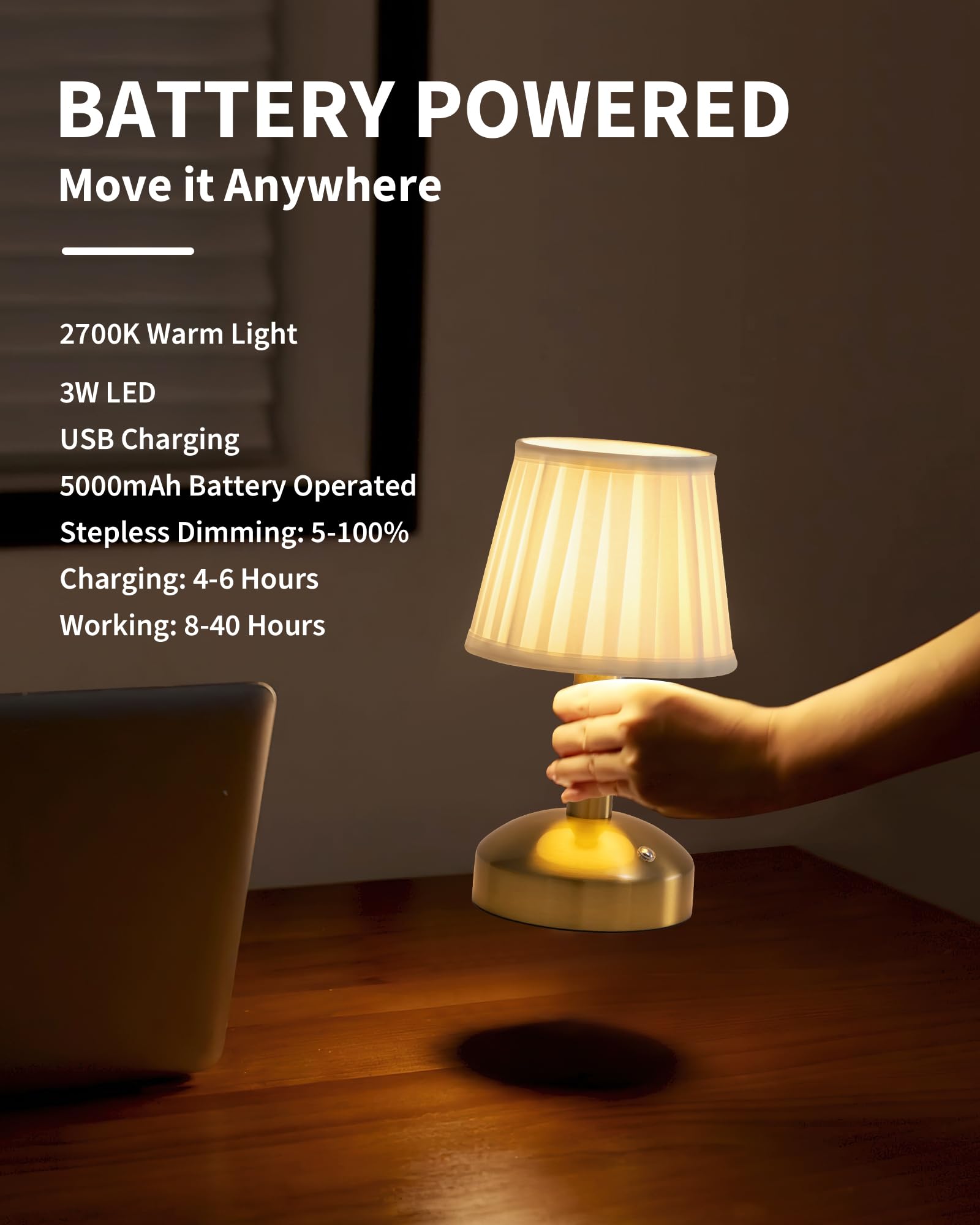 Kdg Modern Cordless Small Table Lamp, Led Fabric Shade, 5000Mah Battery, Gold & White, Model Amz-Tbl-012-Dg