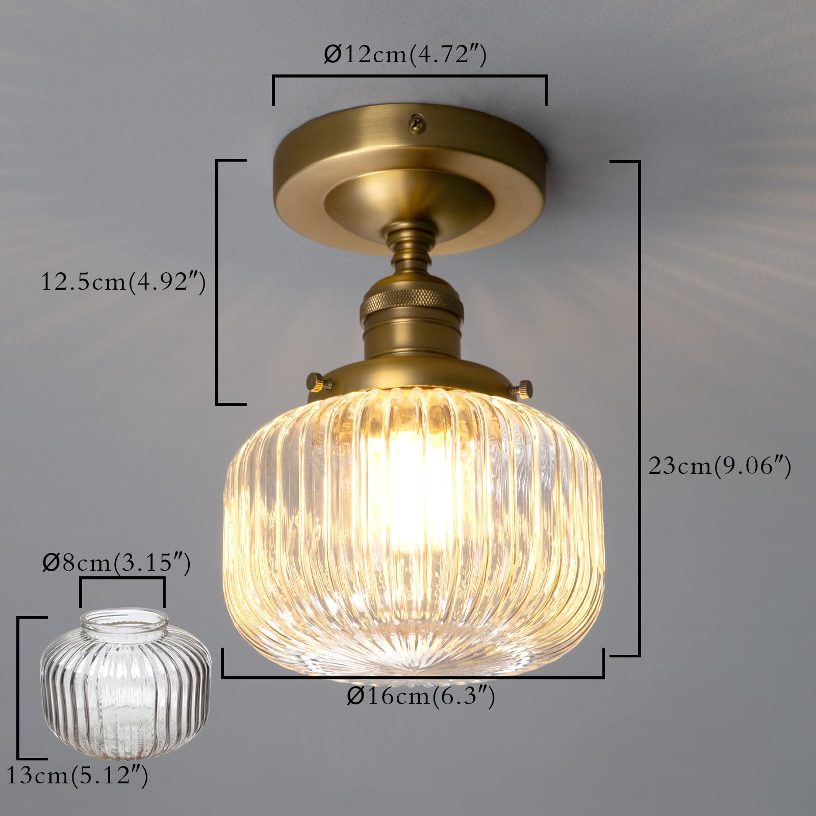 Permo Modern Small Semi Flush Mount Ceiling Light Glass Ceiling Lights Hallway Fixtures With Flate Ribbed Glass Lampshade, 1-Lig