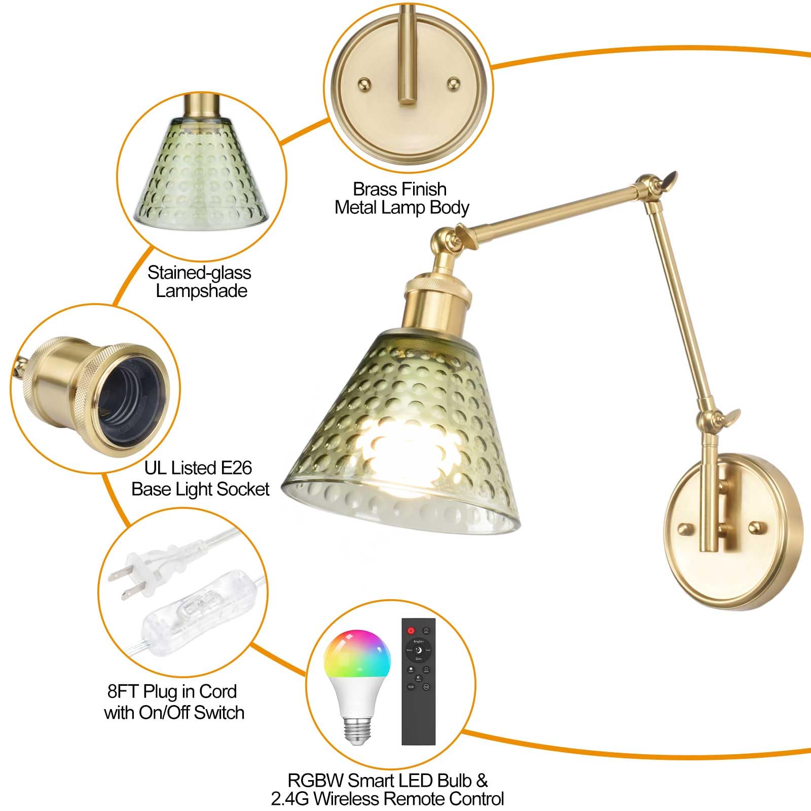 BARSUNS Swing Arm Wall Sconce, Adjustable Brightness, Gold & Green, RGBW Bulb with Remote, Model BS-WL351YG-B
