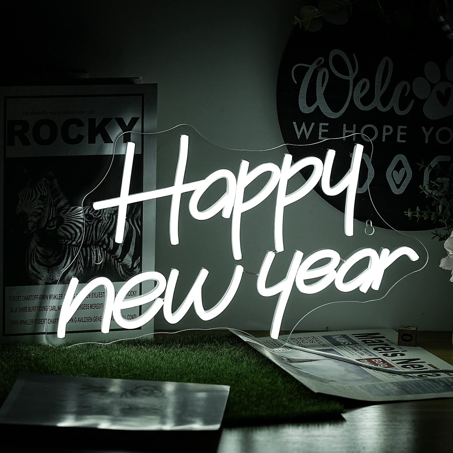 Alkkign Neon Sign Happy New Year LED Light Wall Decor Dimmable White