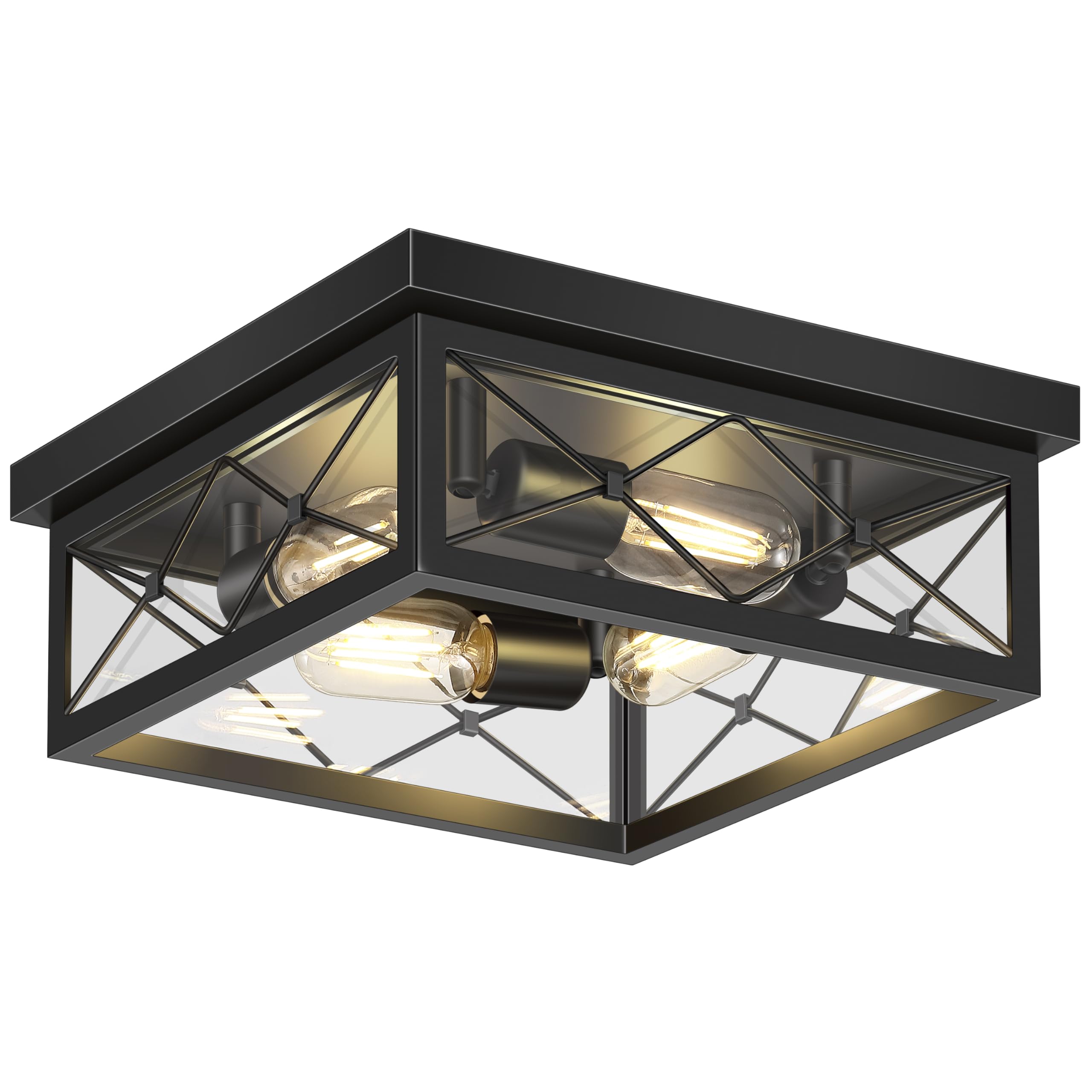 Asnxcju 12'' Square Flush Mount Ceiling Light with Clear Glass Shade, 4-Light Farmhouse Outdoor Porch Ceiling Light Fixtures, Bl