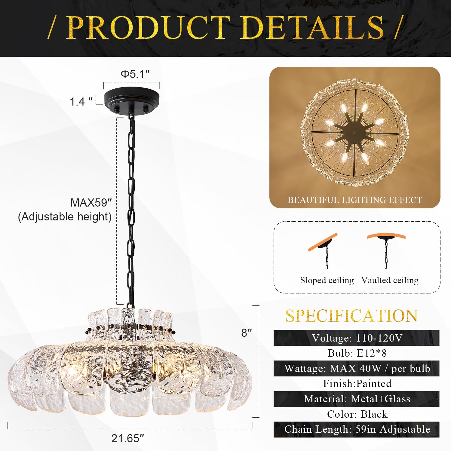 Poemoon 8-Light Black Glass Chandelier, 21.6" Modern Water Ripple Lighting for Living Room, Kitchen, Foyer, E12 Base, Model P52-550B1