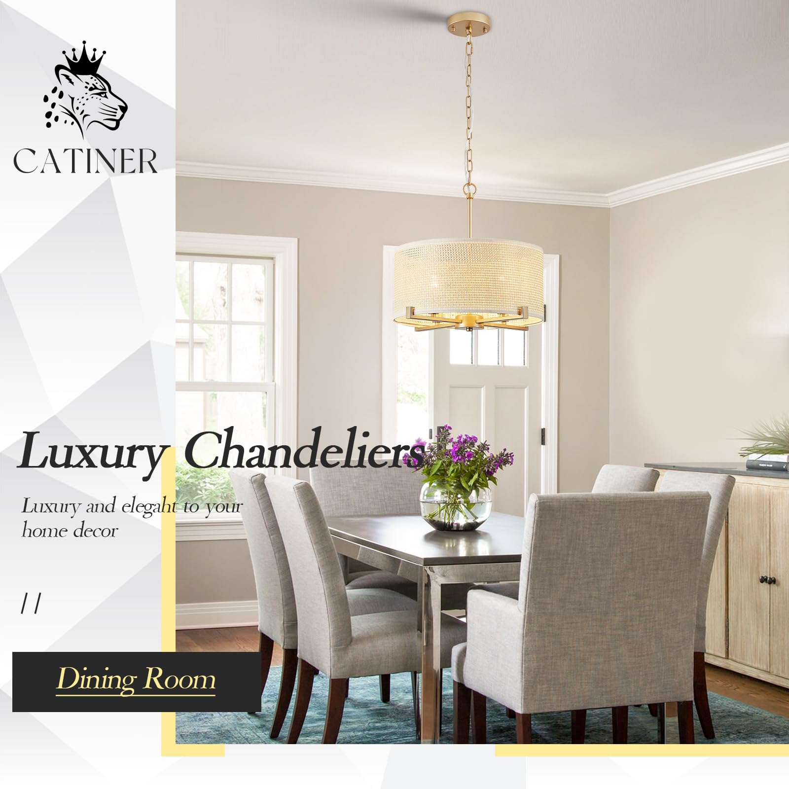 Catiner 4-Light Drum Chandelier 18'' Modern Gold Semi-Flush Mount Light Fixture With Woven Rattan Shade Boho Round Ceiling Penda