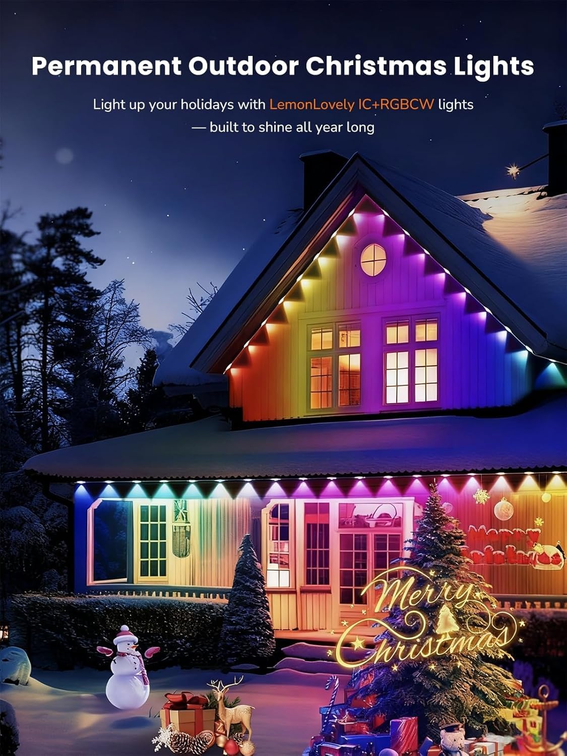 lemonlovely 360ft Permanent Outdoor Lights Pro, IP67 Waterproof, 264 IC+RGB LEDs, Smart APP/Remote, White, Model 2323