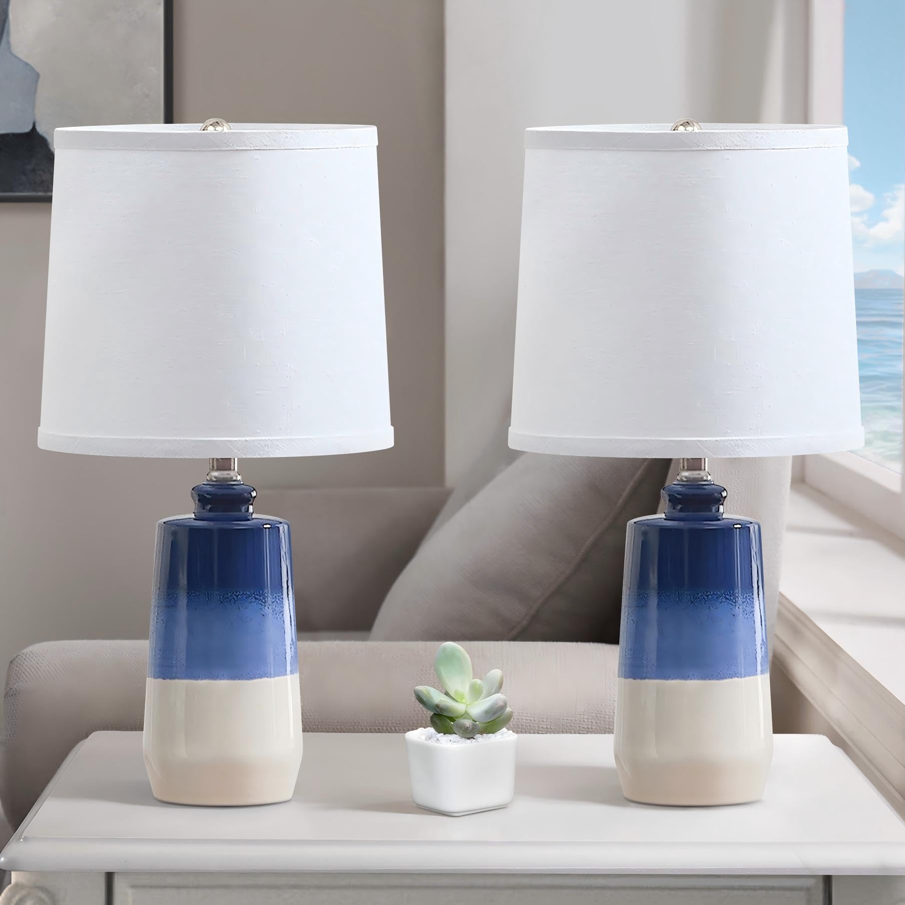 EUO 20.5'' Ceramic Blue Lamps for Nightstand Set of 2, Blue Table Lamps for Living Room Set of 2, Coastal Table Lamps for Bedroo