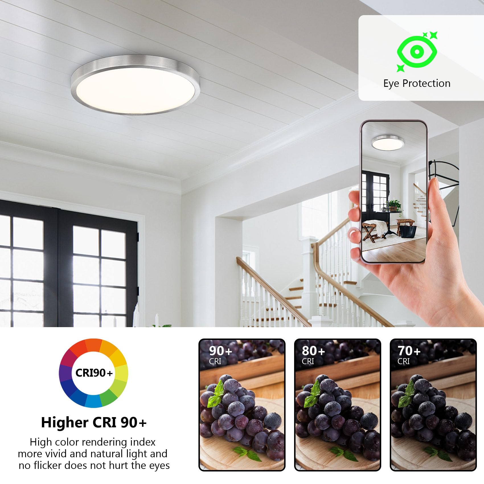 12 Inch Flush Mount Ceiling Light Fixture, Metal And Glass Led Ceiling Light Flush Mount, Slim Dimmable Flush Mount Light For Ki