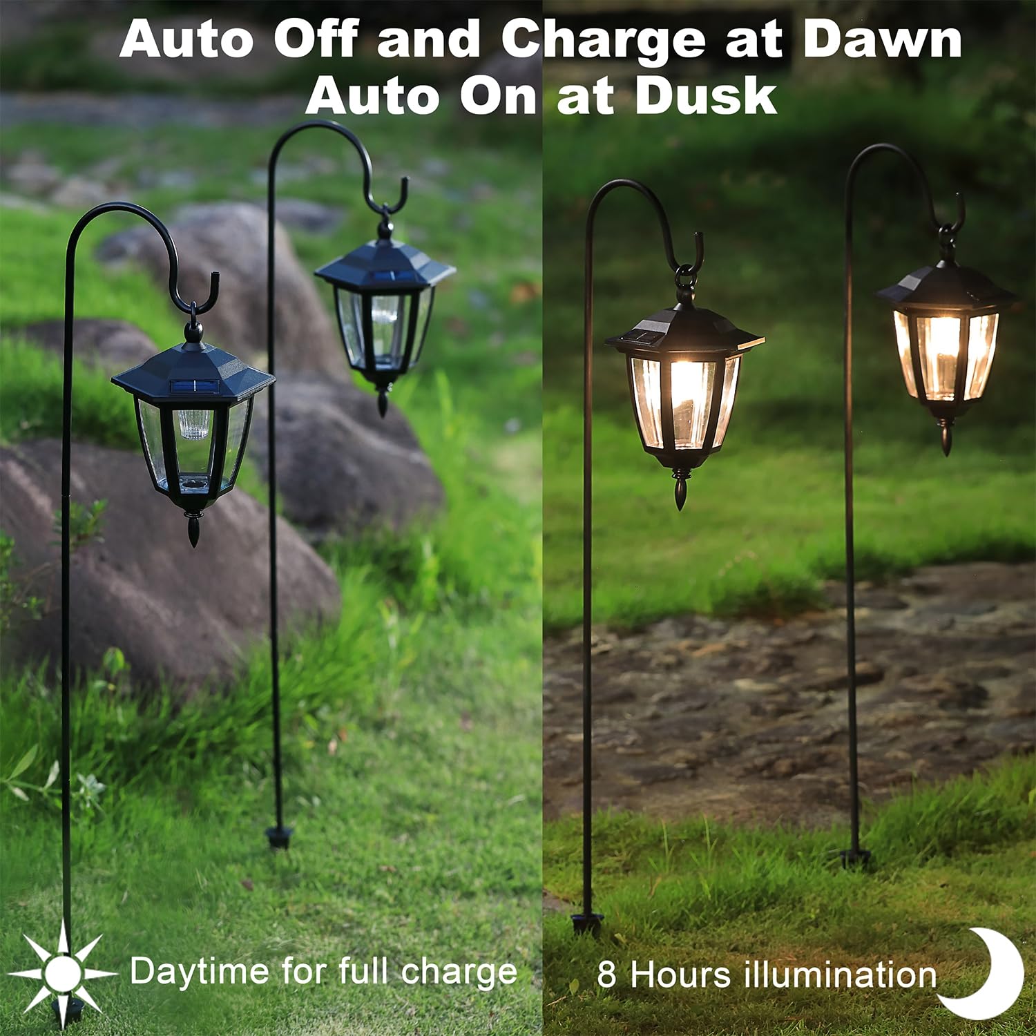 Dynaming Solar Hanging Lights 2 Pack - Warm White Decorative Lanterns with 38 Inch Shepherd Hooks for Outdoor Garden, Lawn, and Pathway