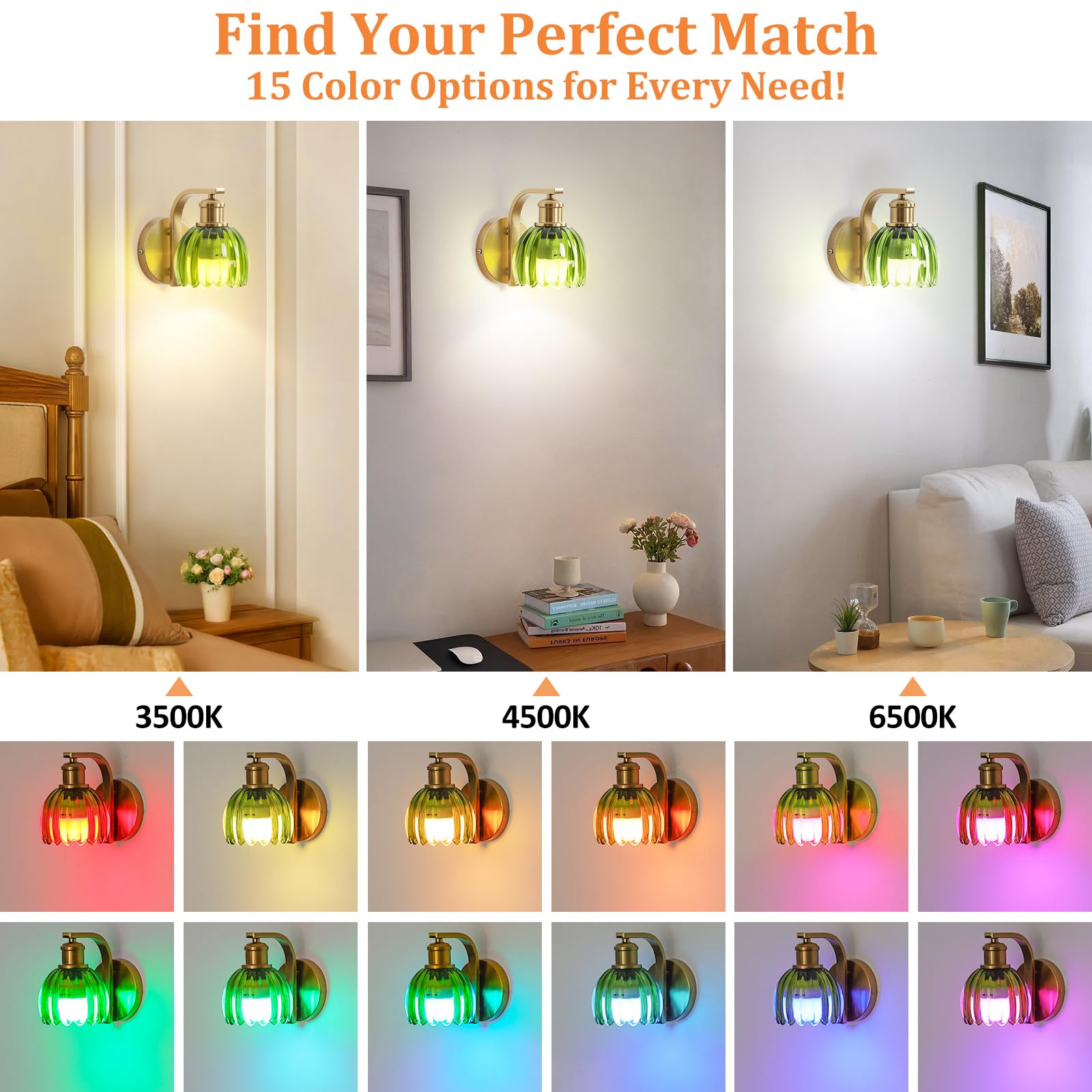 VerRon Rechargeable Wall Sconce - Green Glass, Wireless, Remote Control, 1-Pack, Gold Accent, Model B05092P