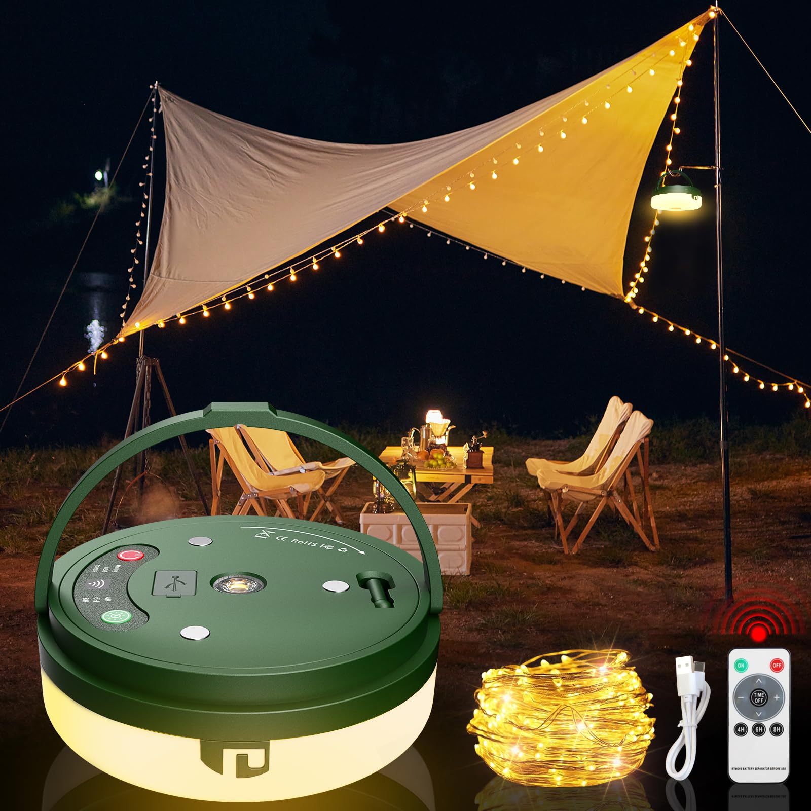 Camping String Lights,Outdoor String Lights with 6 Lighting Modes(32.8Ft), 3 Adjustable Brightness and USB Rechargeable with Rem