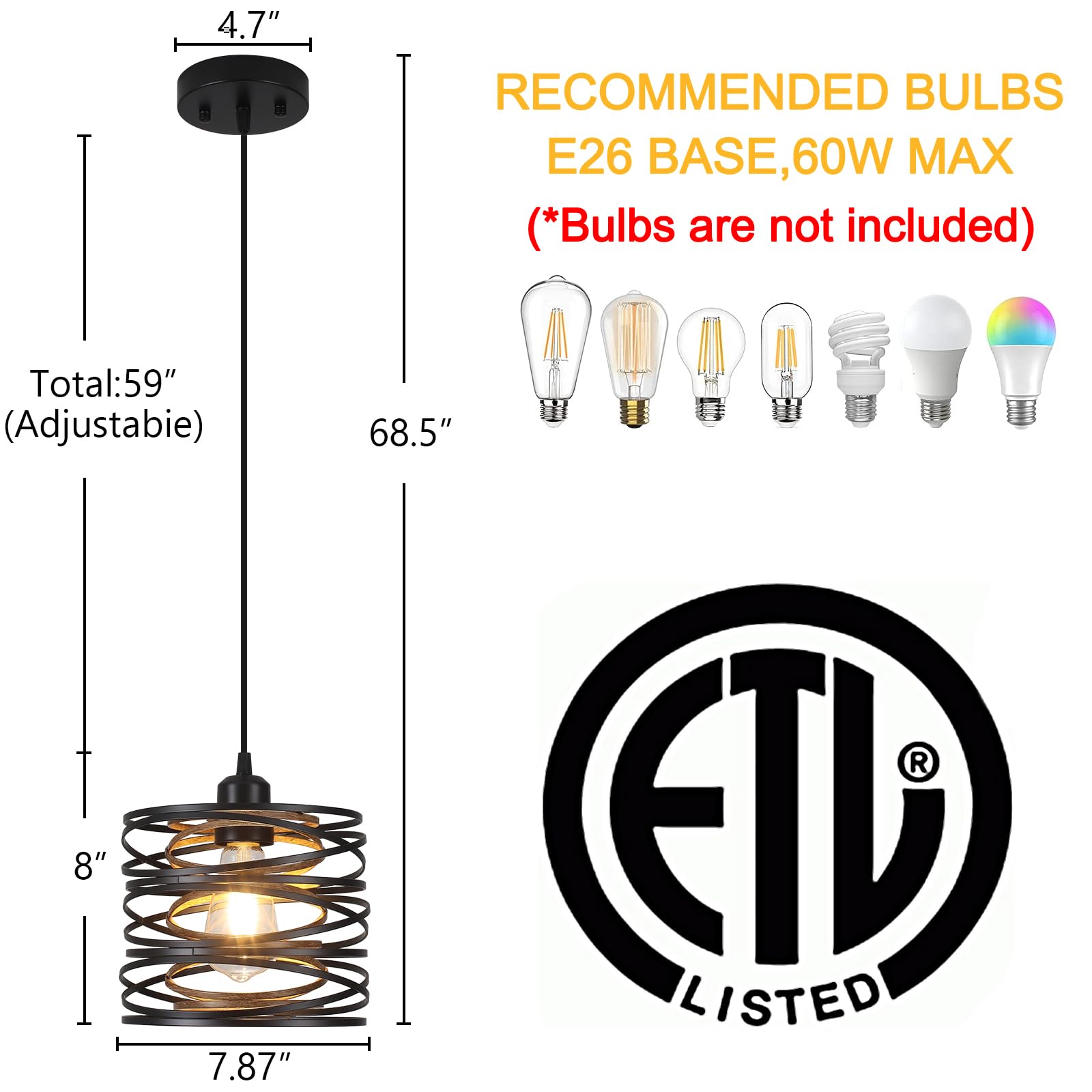 Ynzefly Pendant Light - Industrial Black, Wood Grain, Big Size - Kitchen Island & Dining Room Lighting - Model Y33-1PCS, 1 Pack