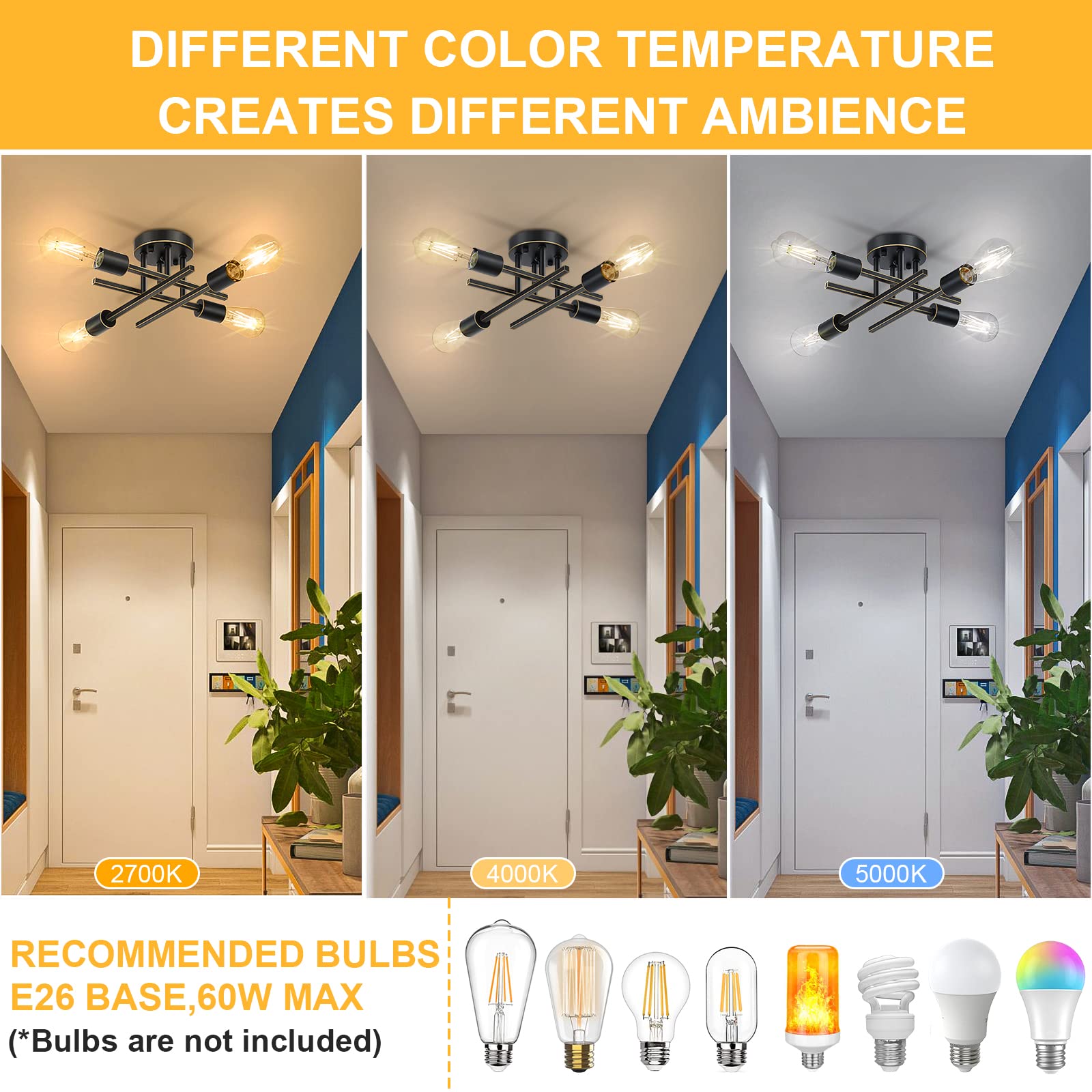 Sunrider Industrial 4-Light Semi Flush Mount Ceiling Light Fixture, Oil Rubbed Bronze Hallway Lights, Retro Metal Sputnik Chande