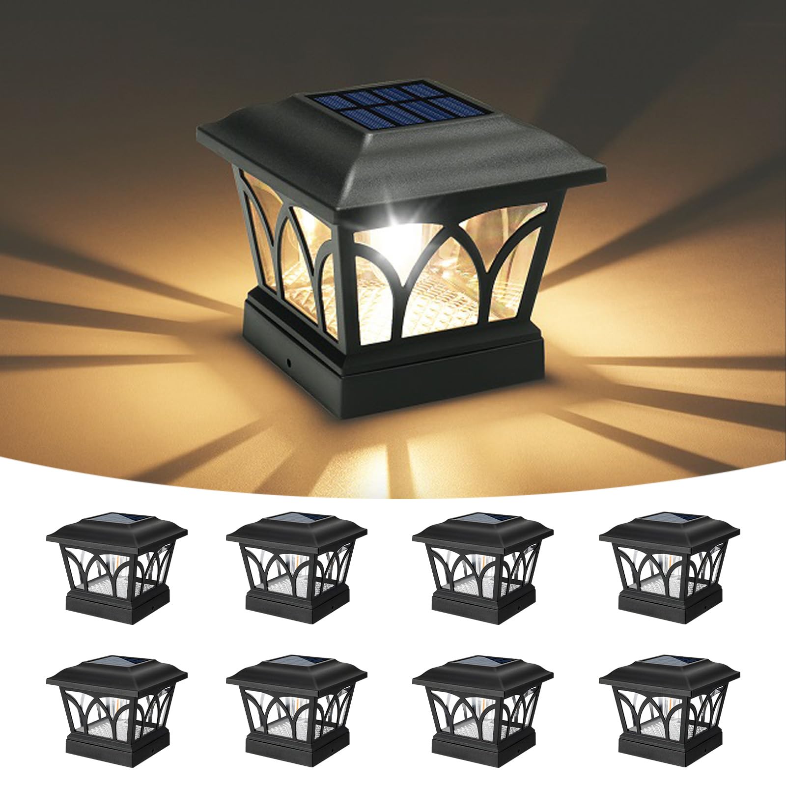 VOLISUN Solar Post Cap Lights 8 Pack with Edison LED Bulbs, 2 Brightness Settings, Fits 4x4 & 6x6 Posts, Slate Black
