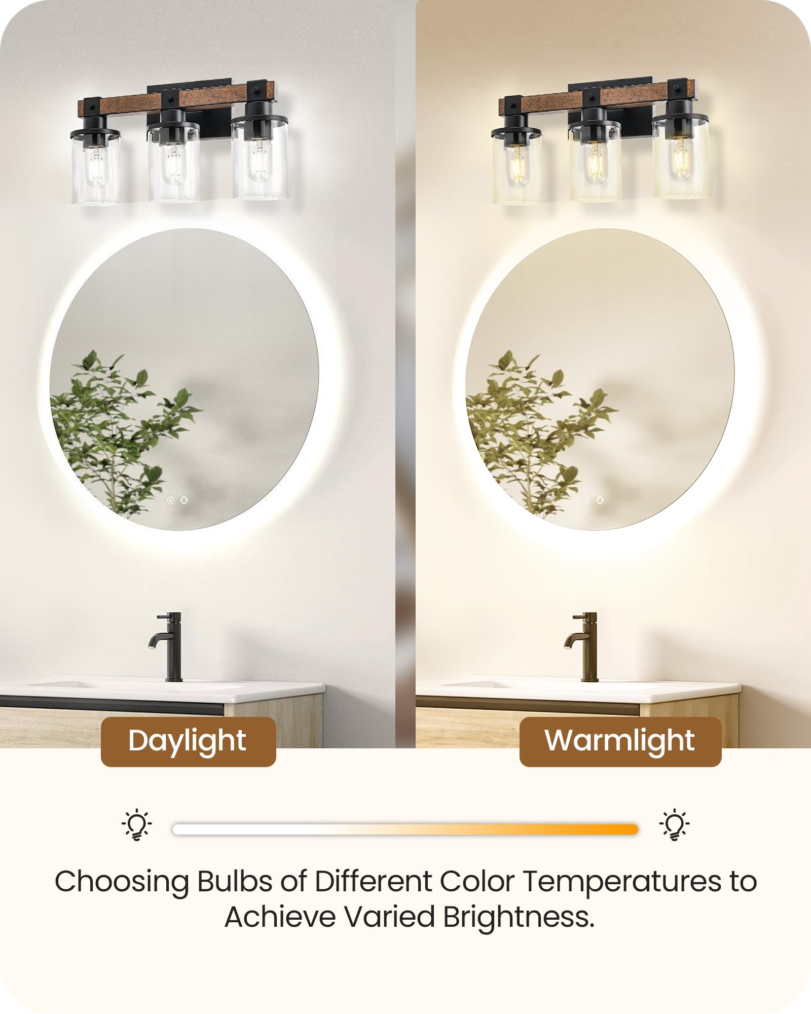GOEBLESON 3-Light Bathroom Light Fixture, Rustic Brown & Black Metal Vanity Lights, Model F08BD05